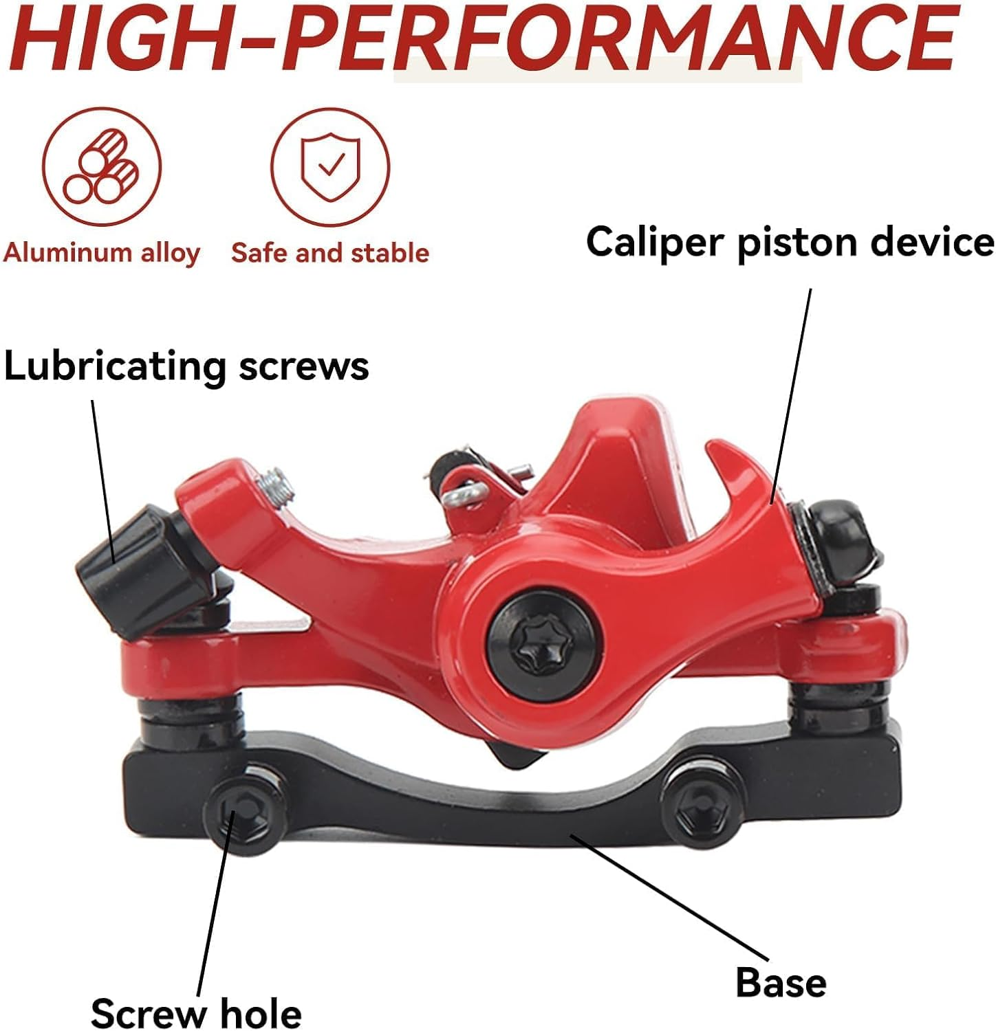Ein rotes Bremssattel-Kolbengerät mit Schmierschrauben, einem Schraubenloch und einer Basis. Der Text hebt 'High-Performance', 'Aluminiumlegierung' und 'Sicher und stabil' hervor.