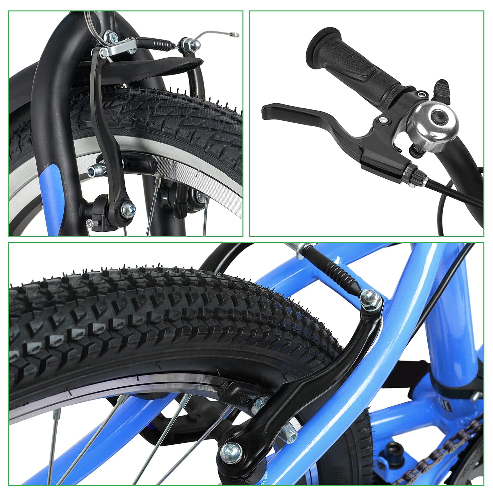 Nahaufnahme eines blauen Fahrrads. Details umfassen Reifen, Bremsen, Lenker mit Klingel und Rahmen. Schwarze und silberne Komponenten.