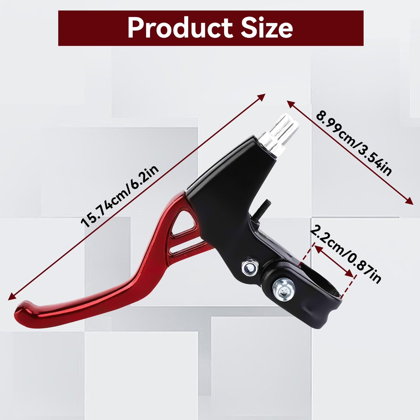 Fahrradbremshebel mit Größenangaben. Roter Hebel, schwarze Basis. Abmessungen: 15,74 cm/6,2 Zoll, 8,99 cm/3,54 Zoll und 2,2 cm/0,87 Zoll.