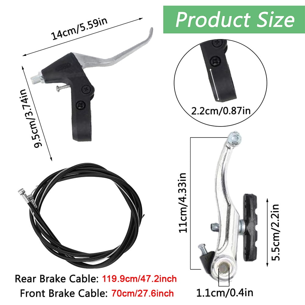 Das Bild zeigt Fahrradbremsteile, darunter einen Hebel, ein Kabel und eine Bremse. Abmessungen sind in cm und Zoll angegeben.