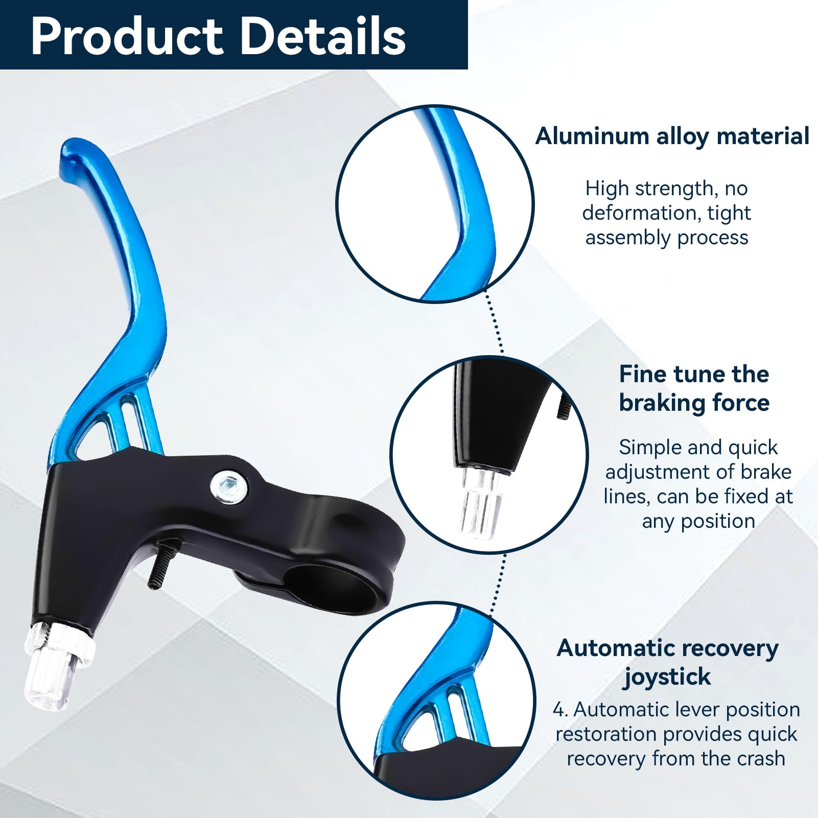 Nahaufnahme eines blau-schwarzen Fahrradbremshebels mit detaillierten Produktinformationen.