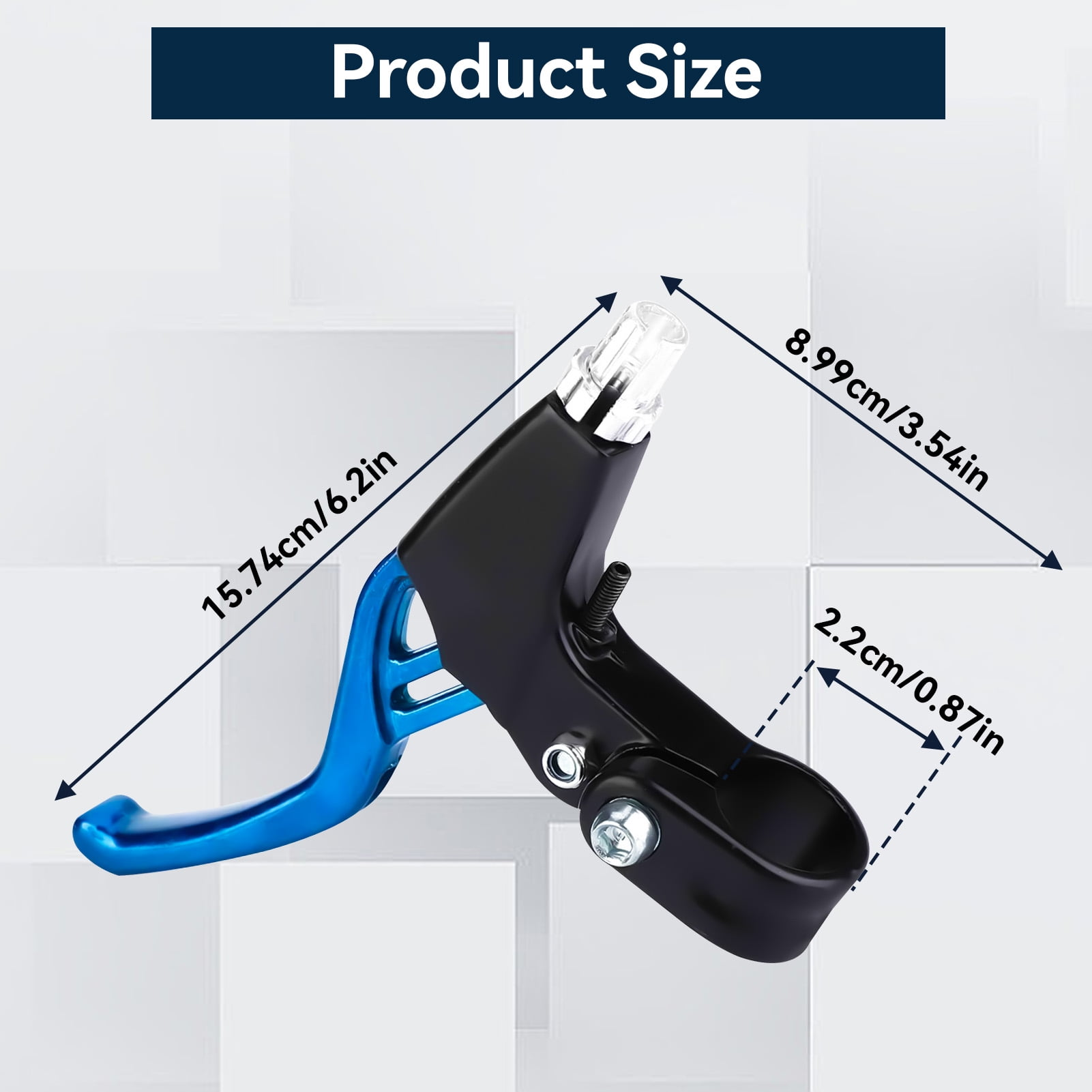 Fahrradbremshebel mit blauen und schwarzen Teilen. Abmessungen sind beschriftet: 15,74 cm/6,2 Zoll, 8,99 cm/3,54 Zoll und 2,2 cm/0,87 Zoll.