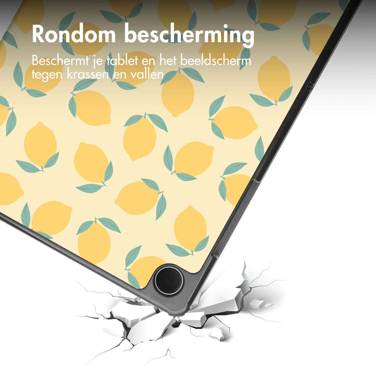 Tablet case with lemon pattern. It protects against scratches and falls. The tablet is breaking a surface.
