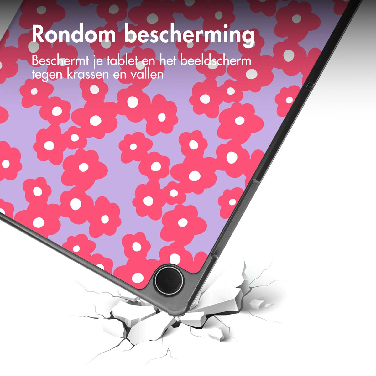 Tablet case with pink flower pattern, cracking a white surface. Text reads 'Rondom bescherming', protecting against scratches and falls.
