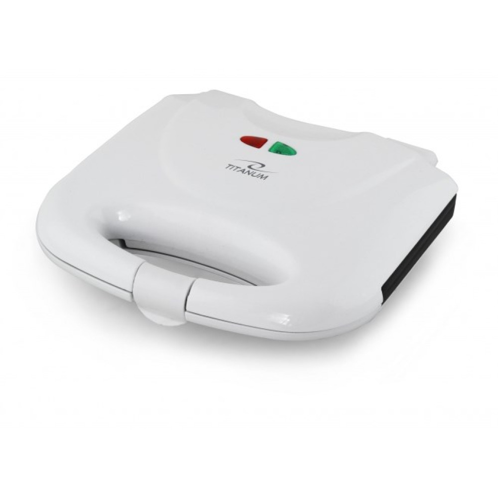 Biała opiekacz do kanapek z uchwytem, czerwonymi i zielonymi światłami oraz czarną krawędzią. Marka to Titanum.