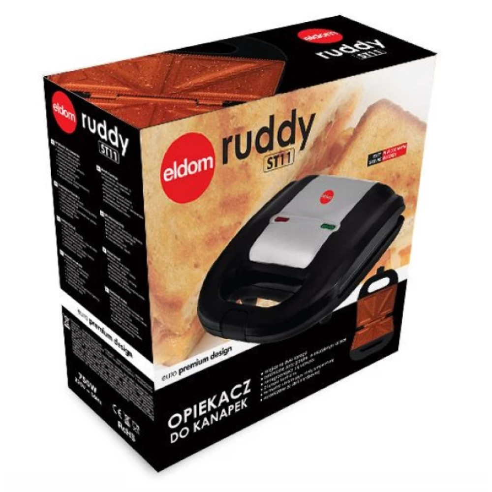 Pudełko na opiekacz do kanapek. Widnieje na nim nazwa marki 'eldom ruddy ST11'. Na zdjęciu opiekacz i kanapki.