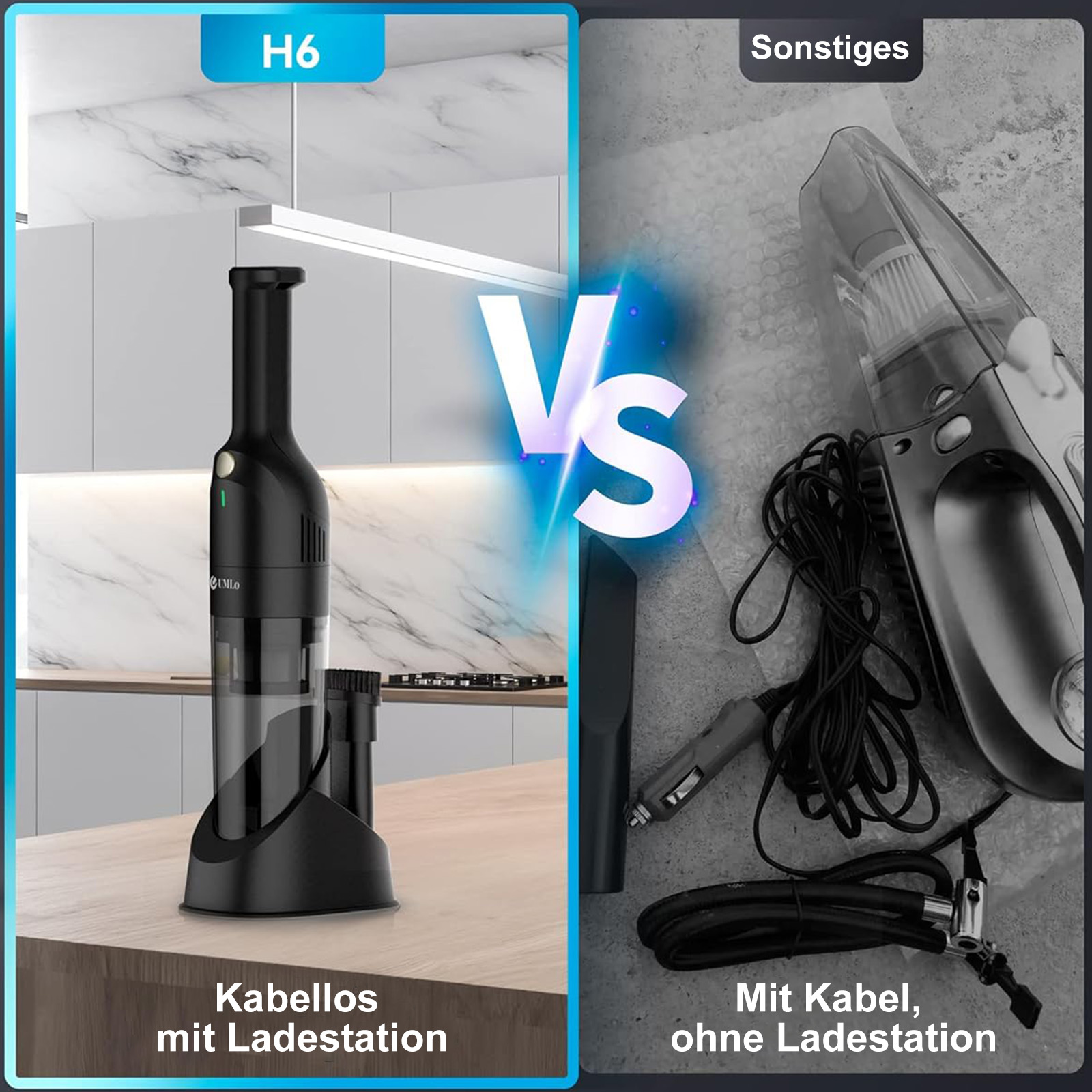 Das Bild zeigt links einen kabellosen Staubsauger und rechts einen Staubsauger mit Kabel. Der Text sagt "Vs" in der Mitte.