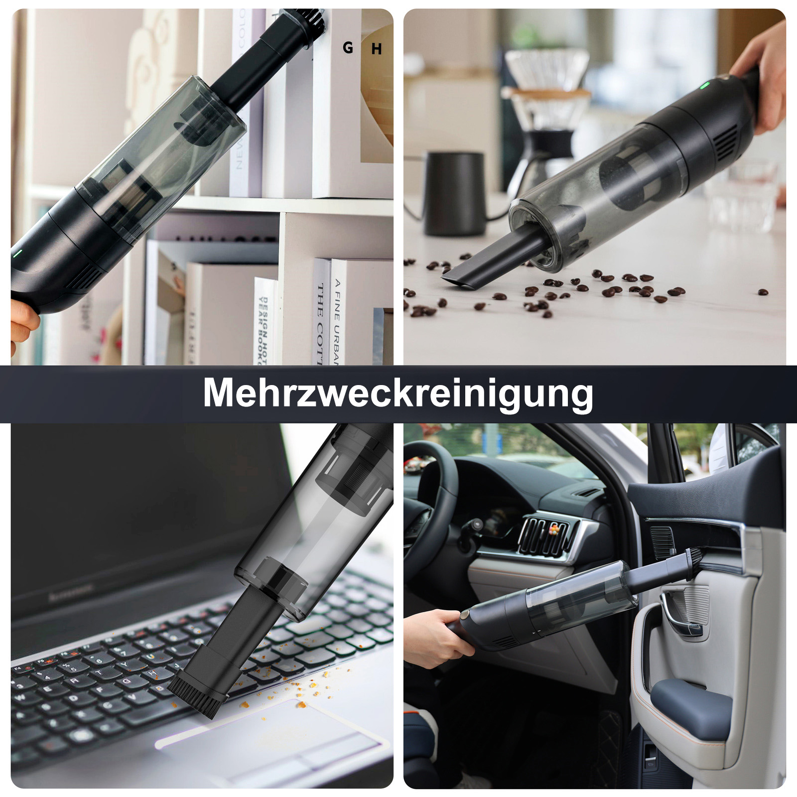 Ein Handstaubsauger wird in mehreren Szenen gezeigt, wie er ein Bücherregal, Kaffeebohnen, einen Laptop und einen Autoinnenraum reinigt.