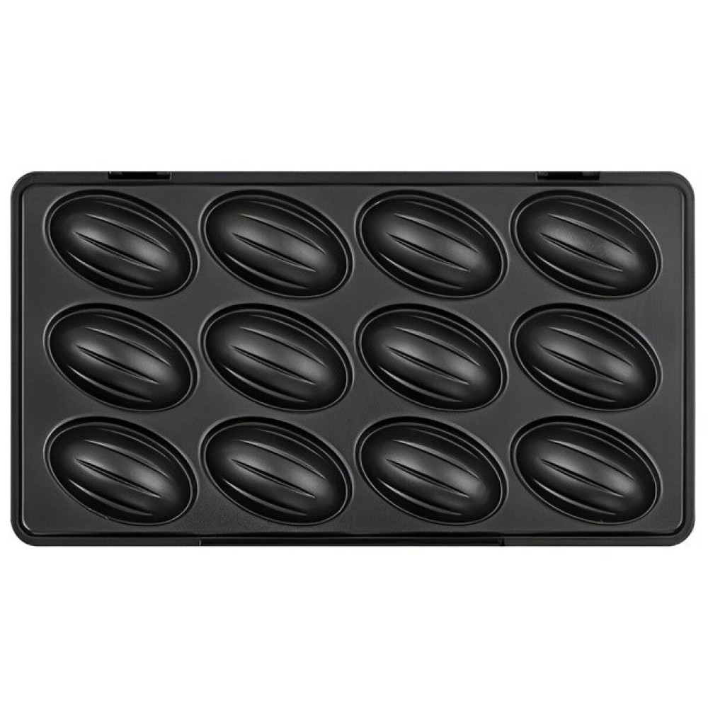 Zbliżenie czarnego urządzenia elektrycznego z 12 owalnymi formami, prawdopodobnie do pieczenia. Formy mają żebrowane detale.