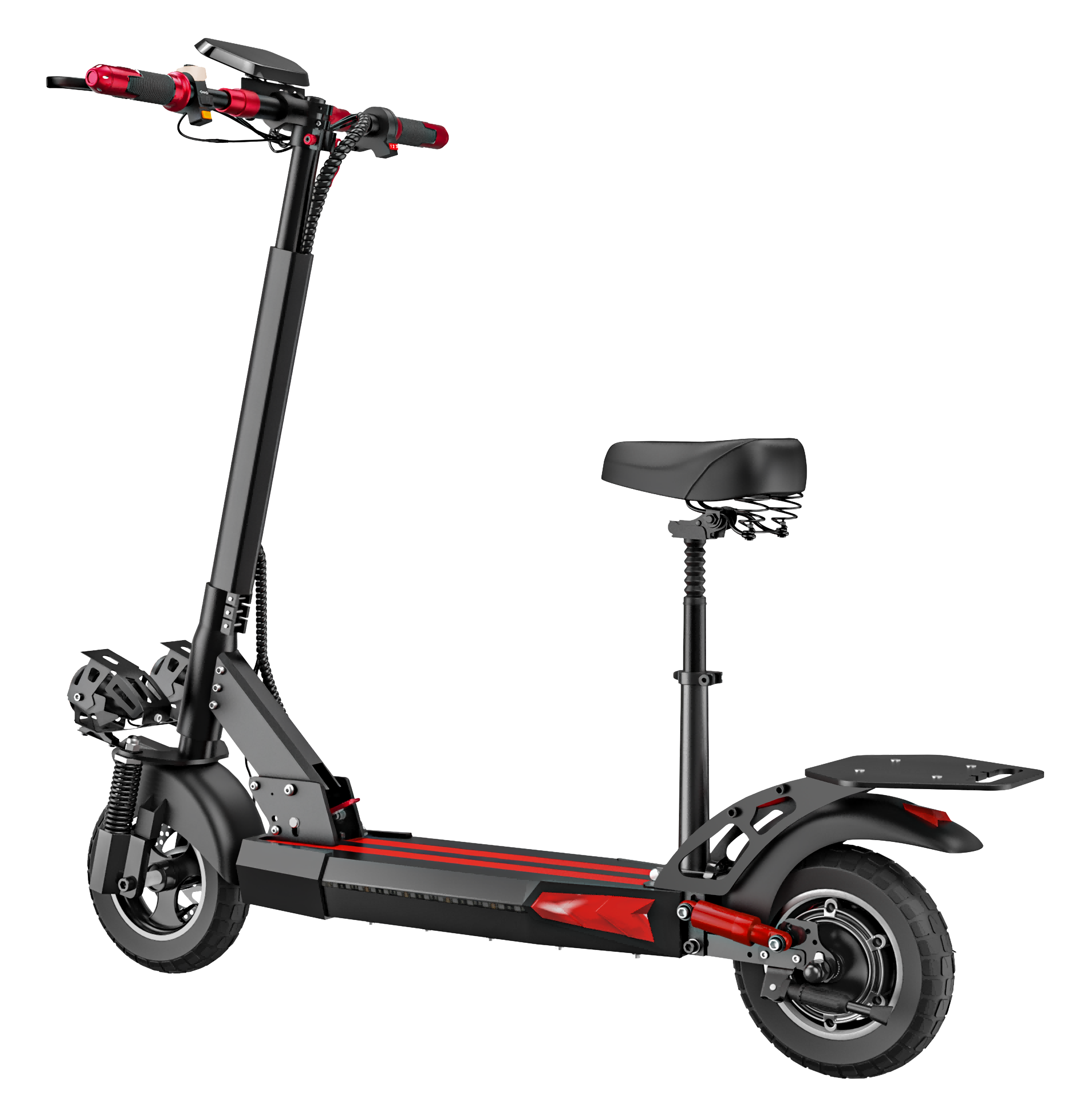 Czarno-czerwona hulajnoga elektryczna na białym tle. Posiada siedzenie, światła i tylną przestrzeń ładunkową.