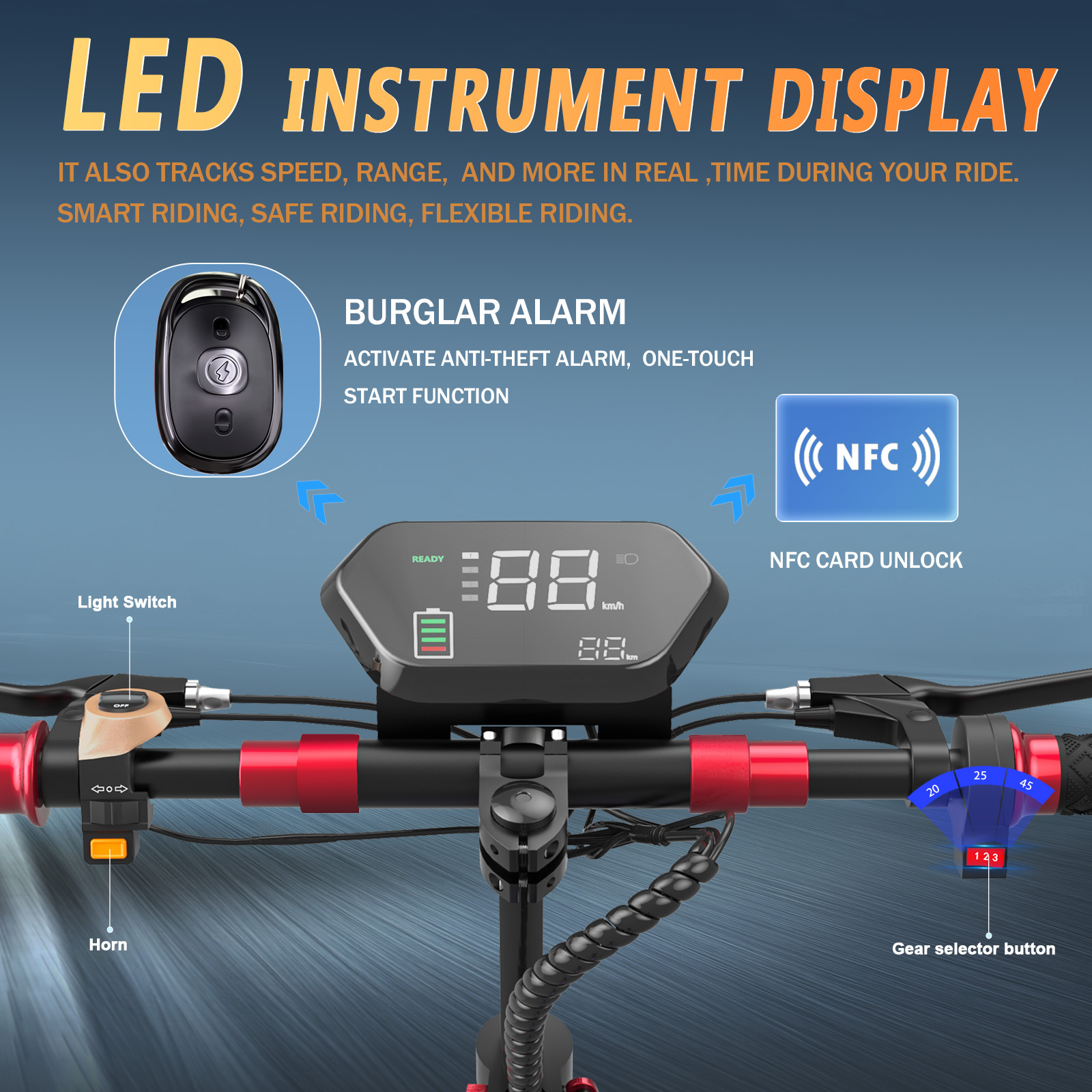 Kierownica skutera z wyświetlaczem prędkości. Cechy: alarm, NFC, włącznik światła, klakson i selektor biegów.