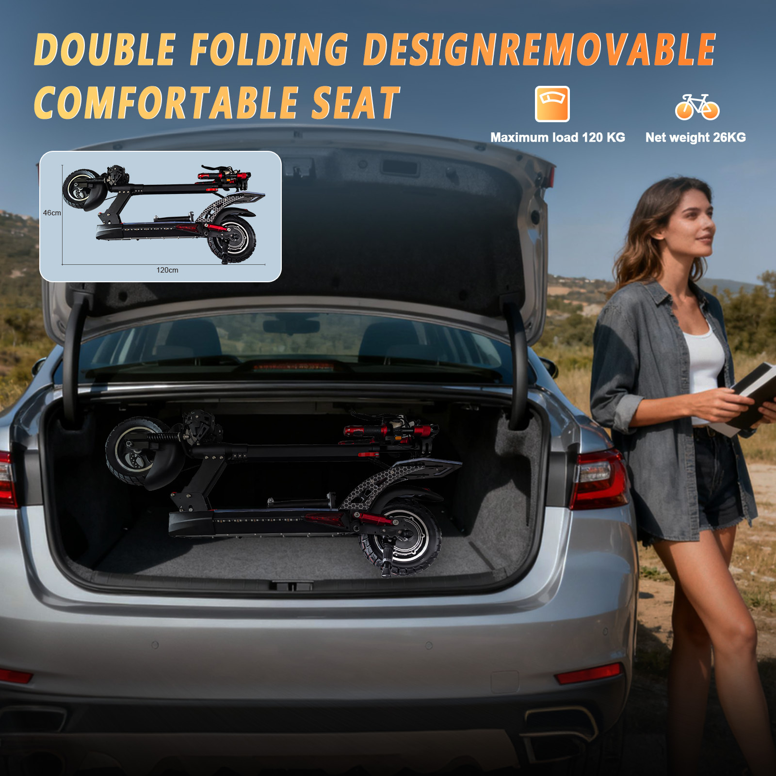 Kobieta stoi obok samochodu z otwartym bagażnikiem, w którym widać skuter elektryczny. Skuter jest czarny i czerwony.