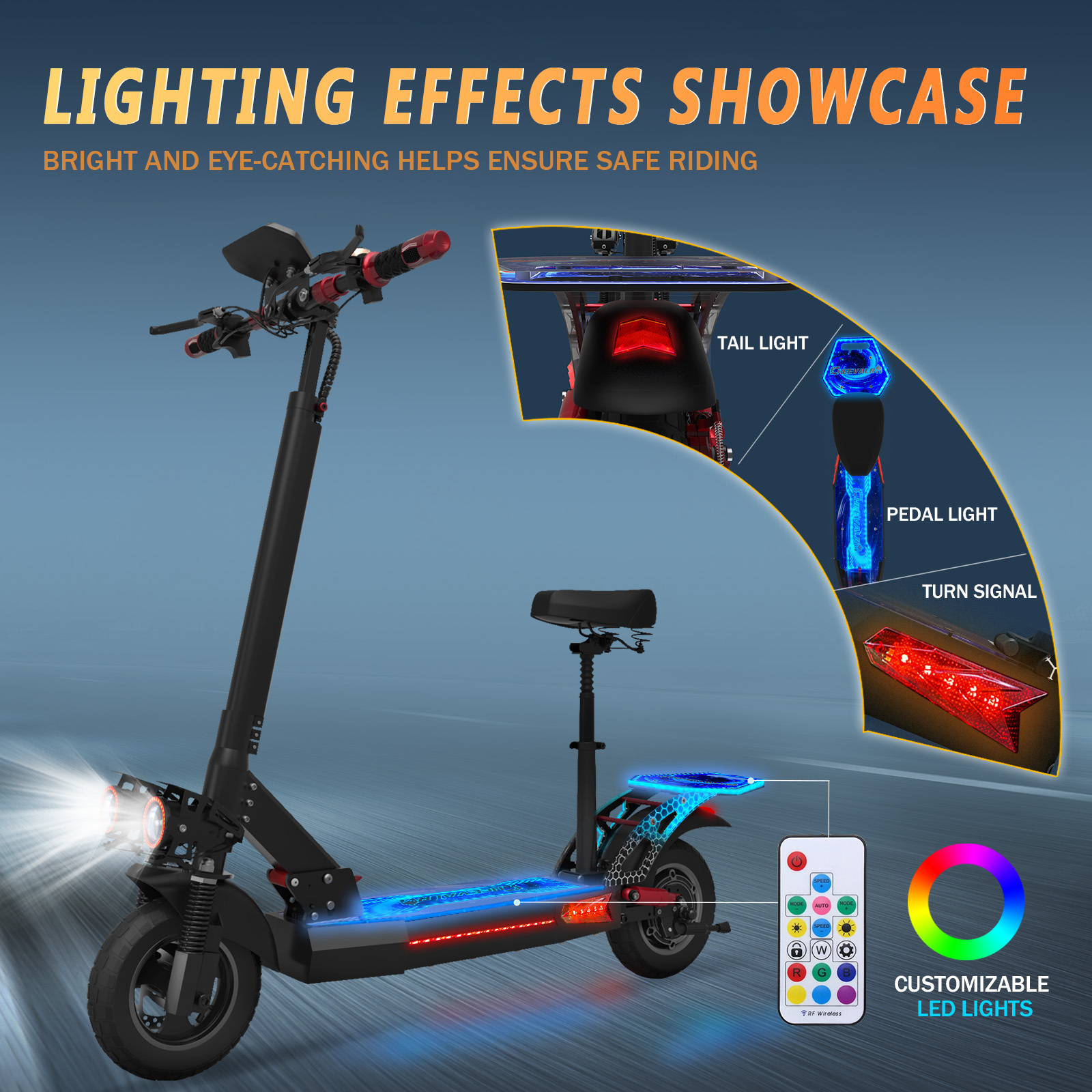 Hulajnoga elektryczna ze światłami LED. Pokazuje światła tylne, pedałów i kierunkowskazów. Widoczny jest również pilot.