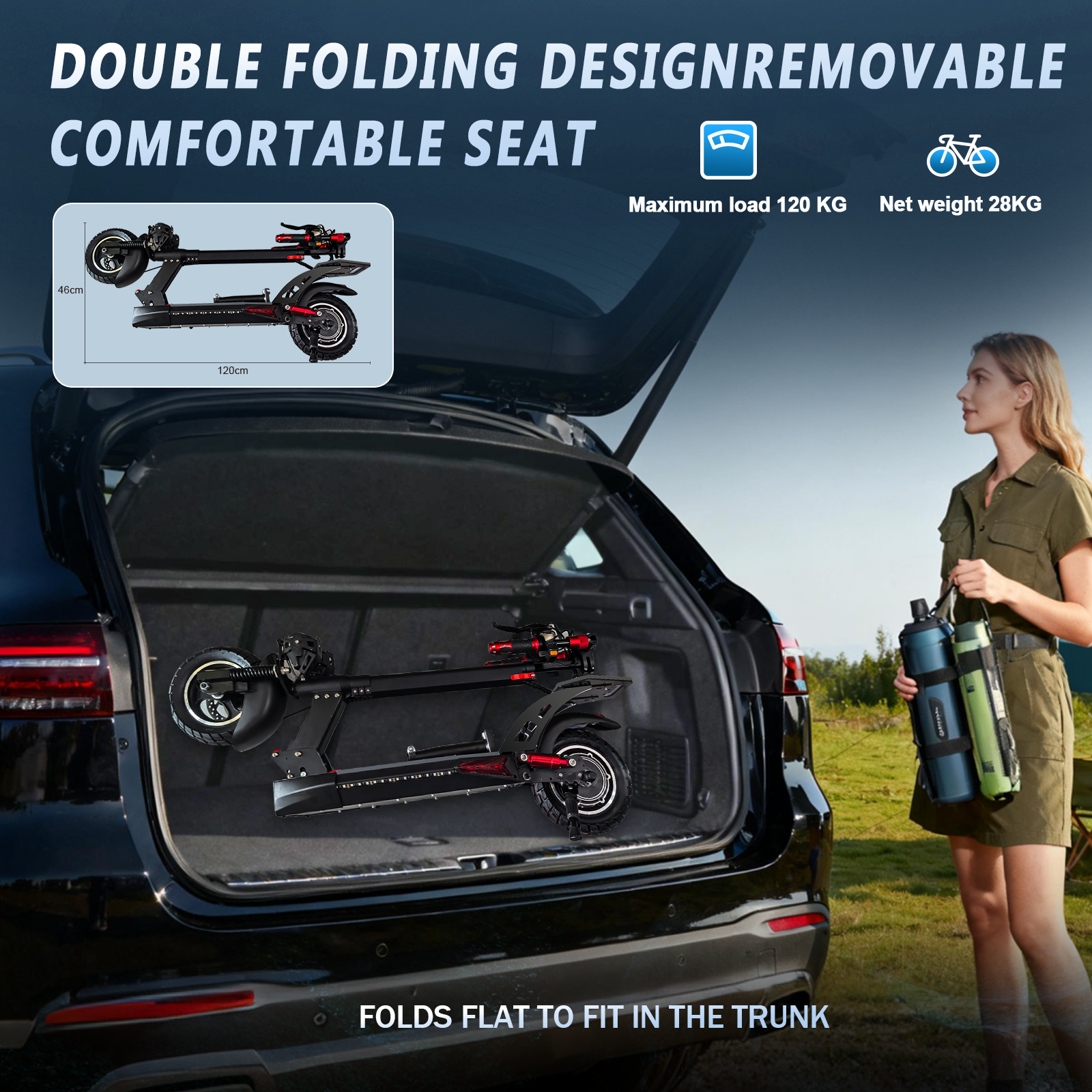 Kobieta stoi obok otwartego bagażnika z złożoną hulajnogą w środku. Trzyma butelki z wodą. Tekst: Składana konstrukcja.