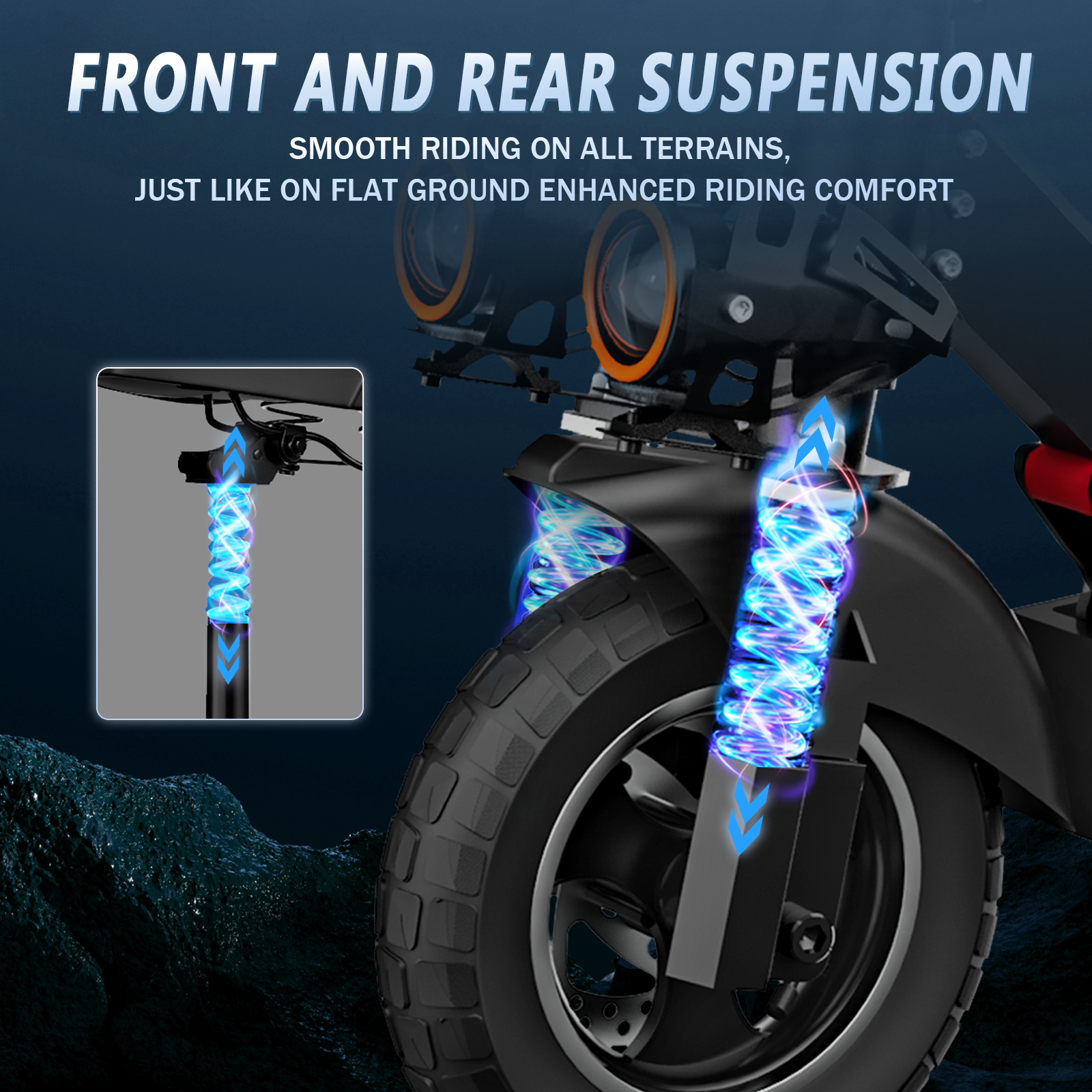 Obraz przedstawia przednie zawieszenie skutera. Podkreśla płynną jazdę i komfort, z neonowymi, niebieskimi światłami.
