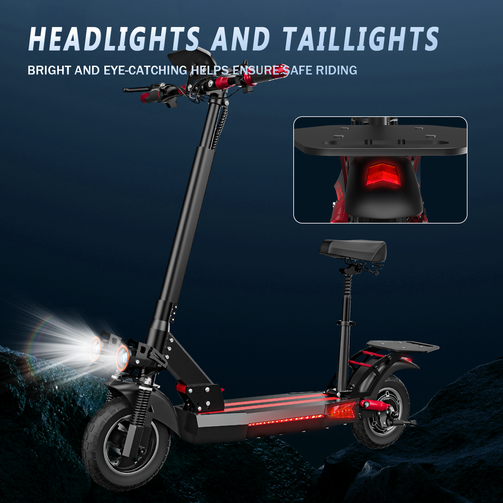 Czarny skuter elektryczny z jasnymi reflektorami i tylnymi światłami. Skuter jest na ciemnoniebieskim tle.