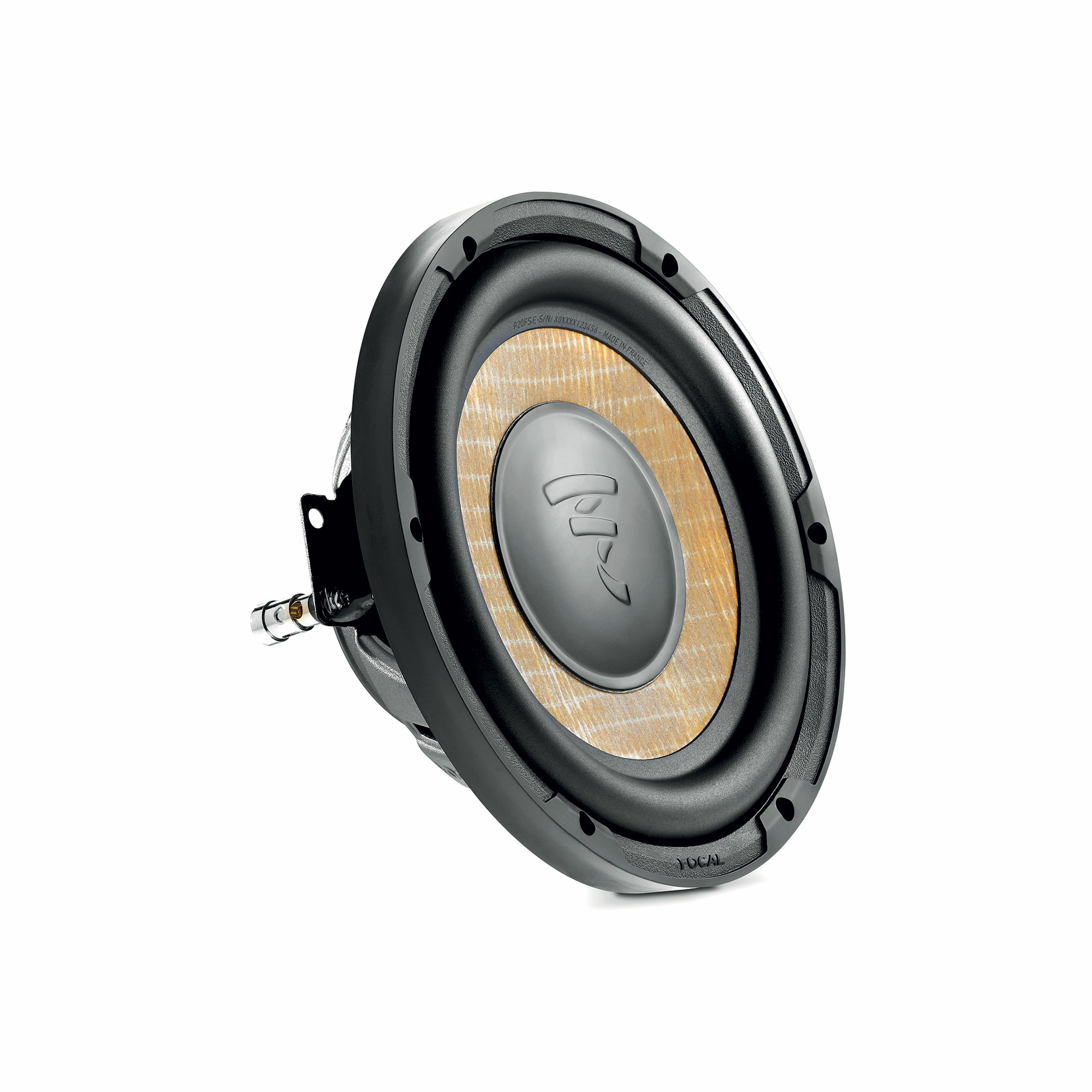 Ein schwarzer Subwoofer mit einer zentralen silbernen Platte mit Logo. Der Lautsprecher hat eine Holzmaserung und ist isoliert.