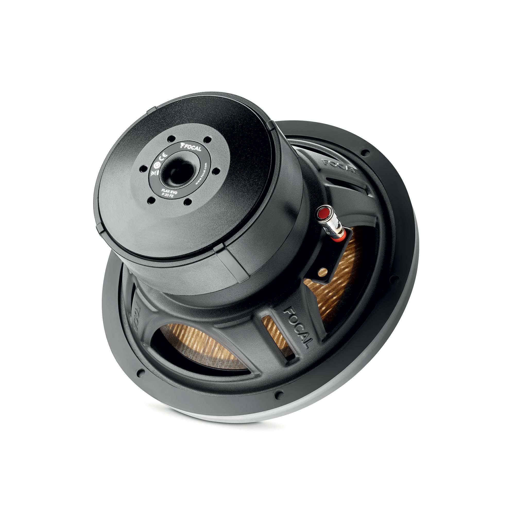 Schwarzer Focal-Subwoofer auf weißem Hintergrund. Verfügt über einen roten Anschluss. Der Lautsprecher hat eine runde Form.
