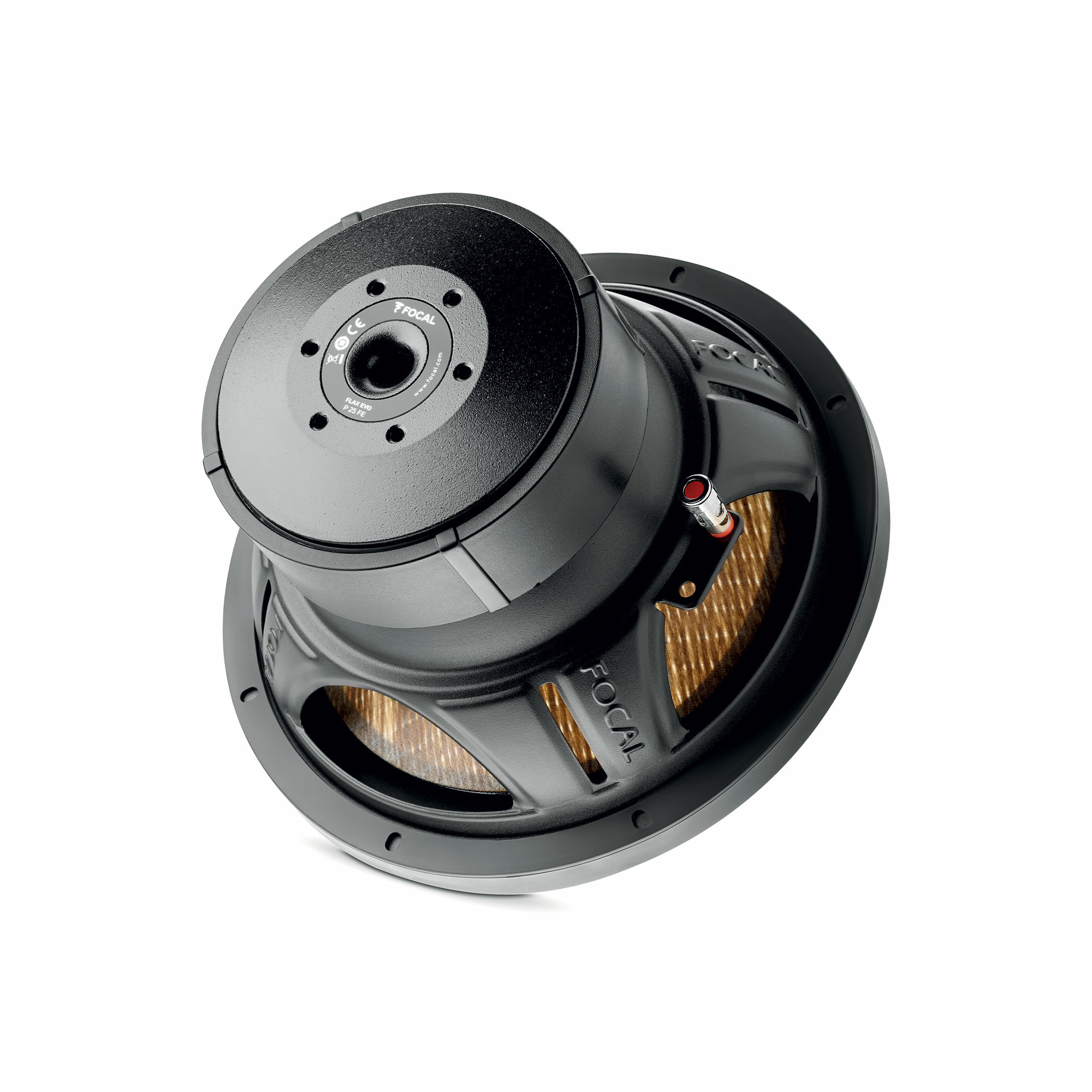 Ein schwarzer Focal-Subwoofer auf weißem Hintergrund. Er hat ein kreisförmiges Design mit sichtbaren Markendetails.
