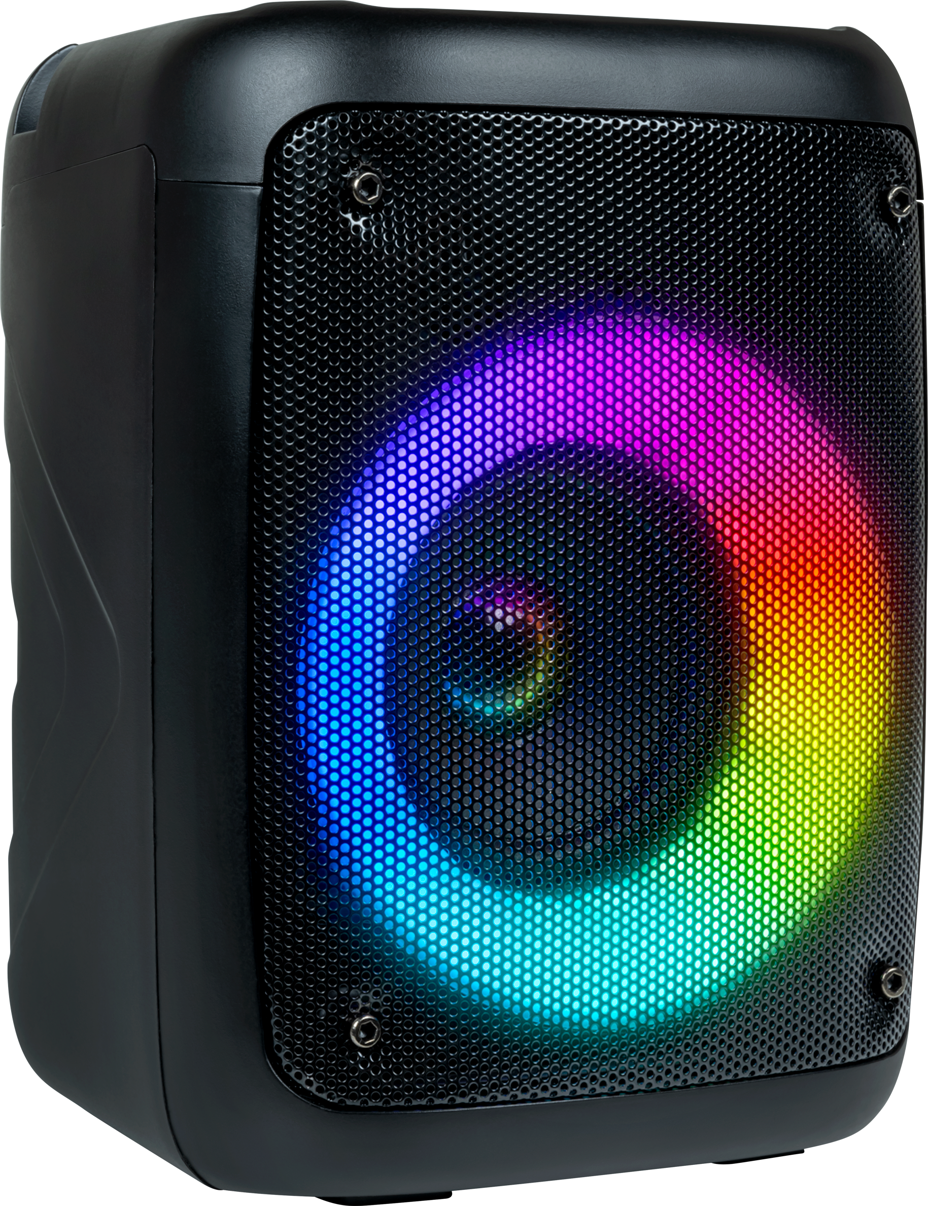 Czarny głośnik z siatkowym przodem. Okrągły wyświetlacz świetlny świeci tęczowymi kolorami. Głośnik stoi na białej powierzchni.