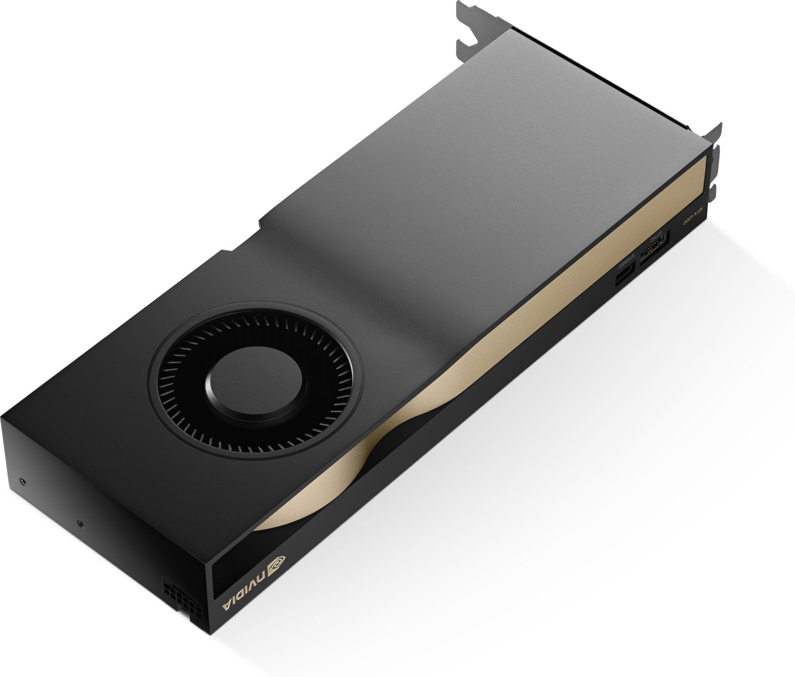 Una scheda grafica NVIDIA nera e oro, vista angolata. Presenta una ventola centrale e varie porte. Il logo NVIDIA è visibile.