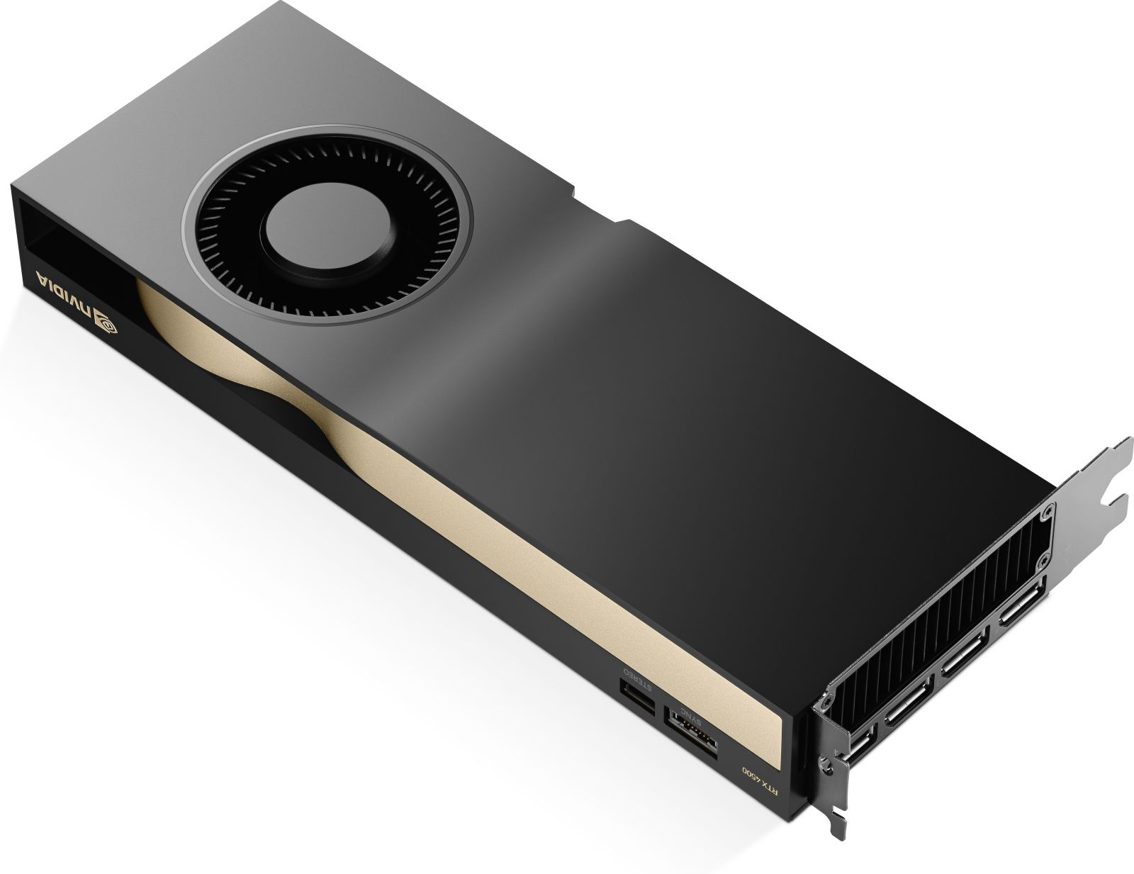 Una scheda grafica NVIDIA RTX 4500 nera e grigia. Ha una ventola, porte e il logo NVIDIA.