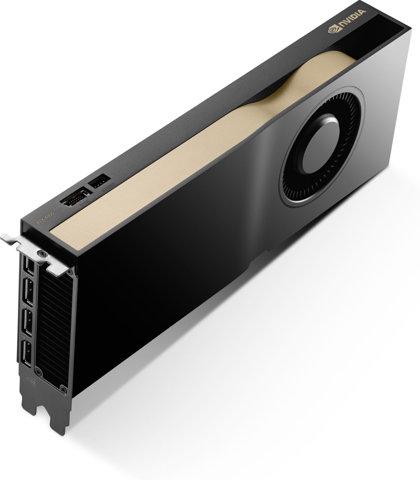 Una scheda grafica NVIDIA RTX 4500 nera e oro. Ha una ventola, porte e il logo NVIDIA.