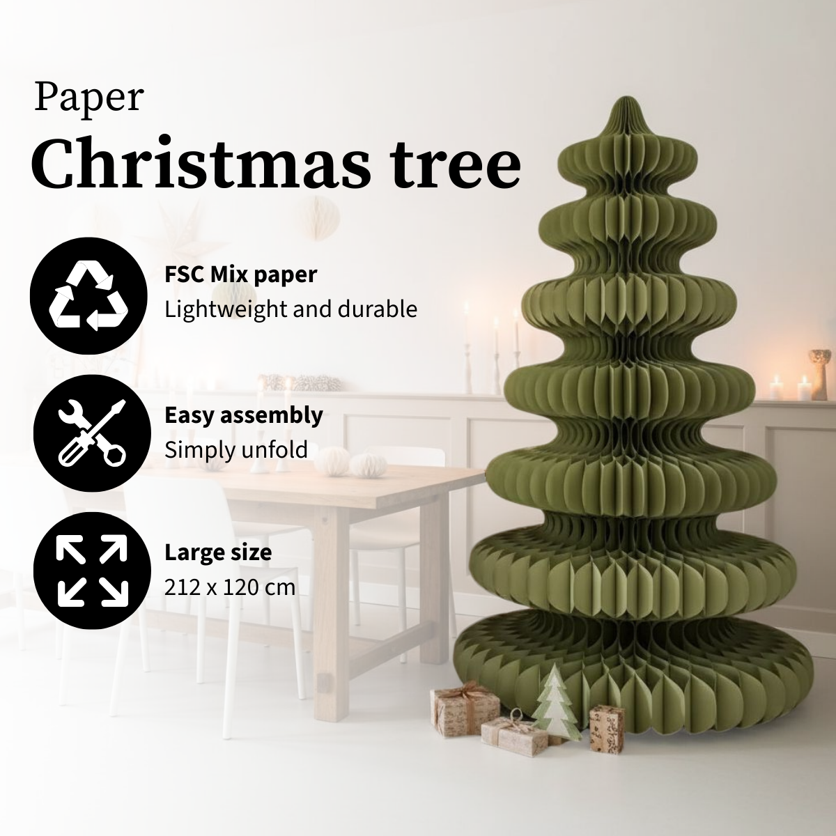 Un sapin de Noël vert en papier près de petits cadeaux. Le texte à gauche détaille le papier FSC, un montage facile et une grande taille.