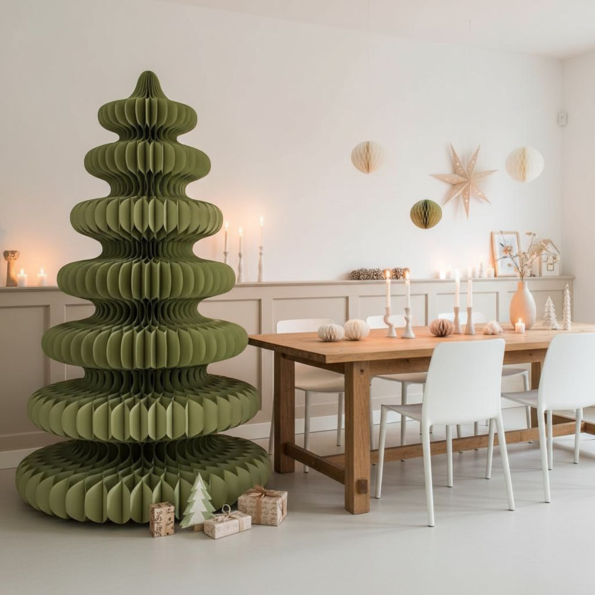 Un sapin de Noël en papier vert près d'une table en bois avec bougies et décorations. Chaises blanches autour.
