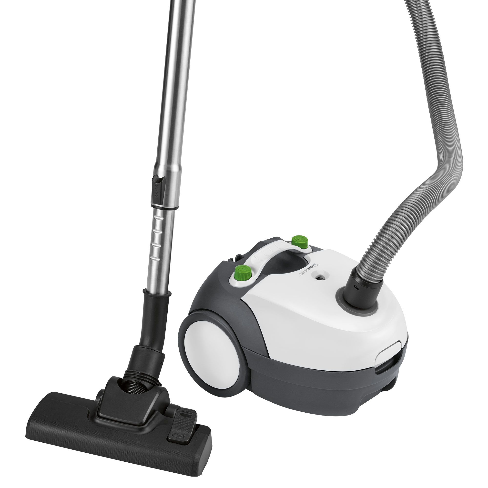 Biało-szary odkurzacz ze srebrną rurą i czarną szczotką na białym tle.