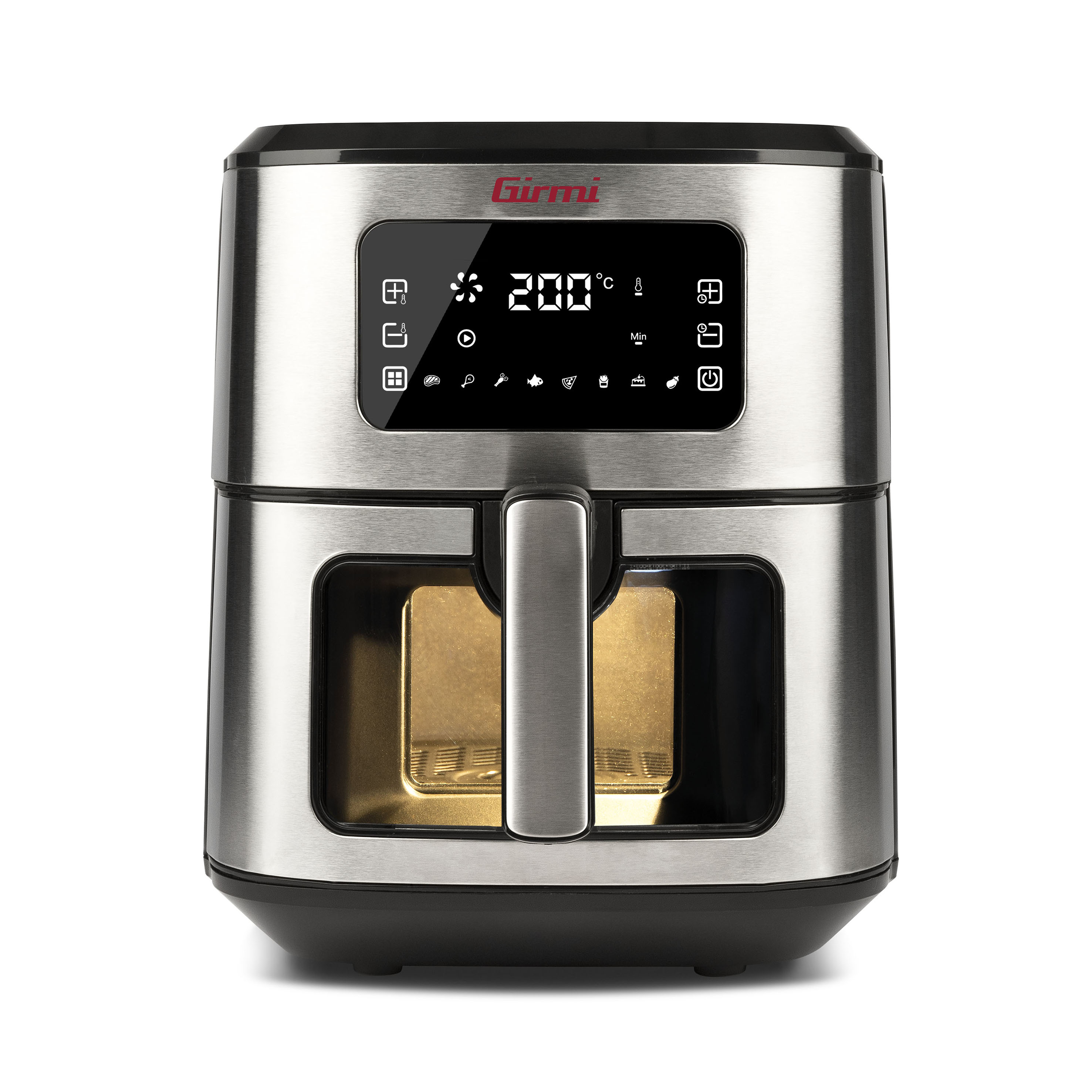 Srebrna frytkownica powietrzna z cyfrowym wyświetlaczem pokazującym 200 stopni Celsjusza. Ma uchwyt i przezroczyste okno.