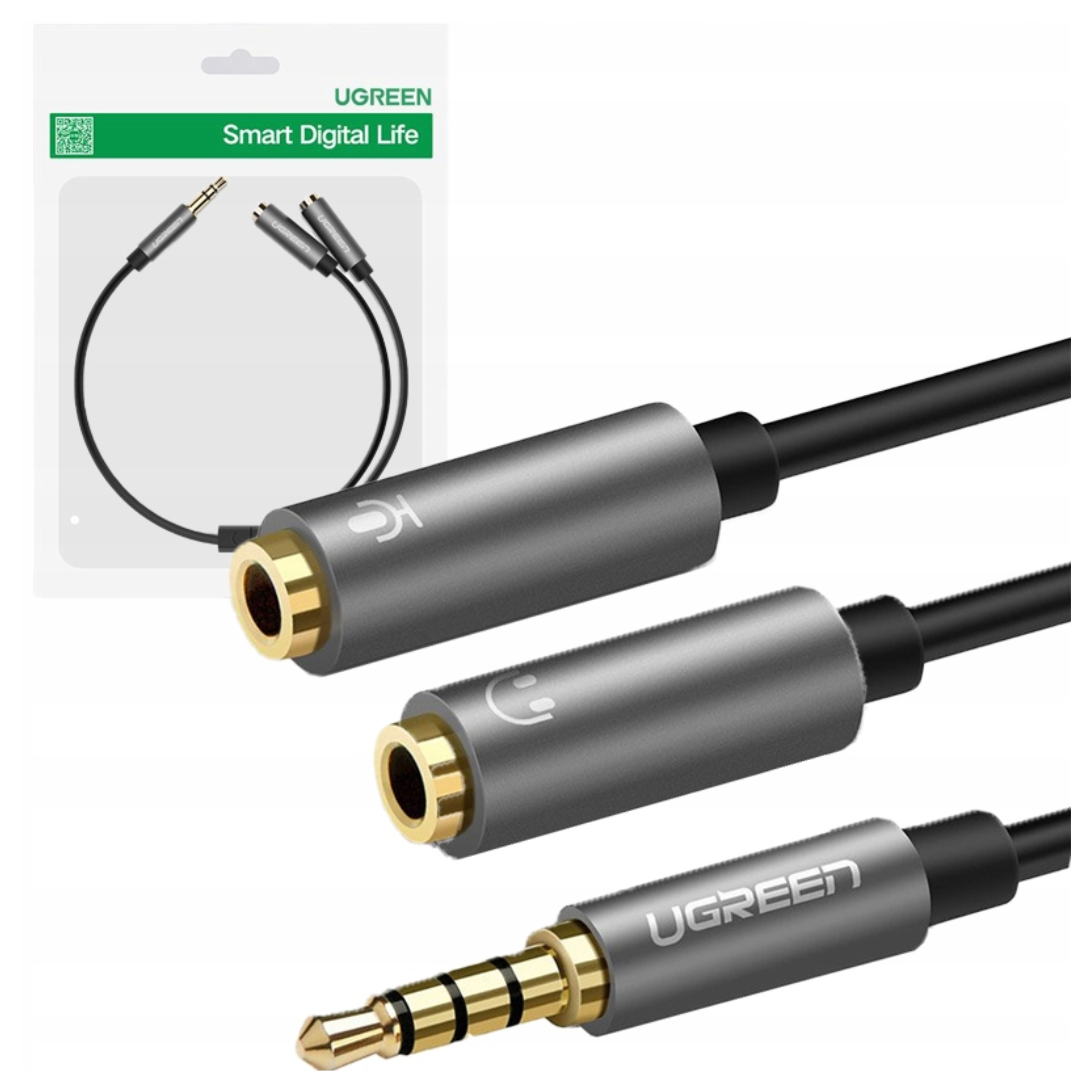 Zdjęcie przedstawia kable rozdzielające audio. Opakowanie jest w lewym górnym rogu. Kable mają szary metal i złote złącza.