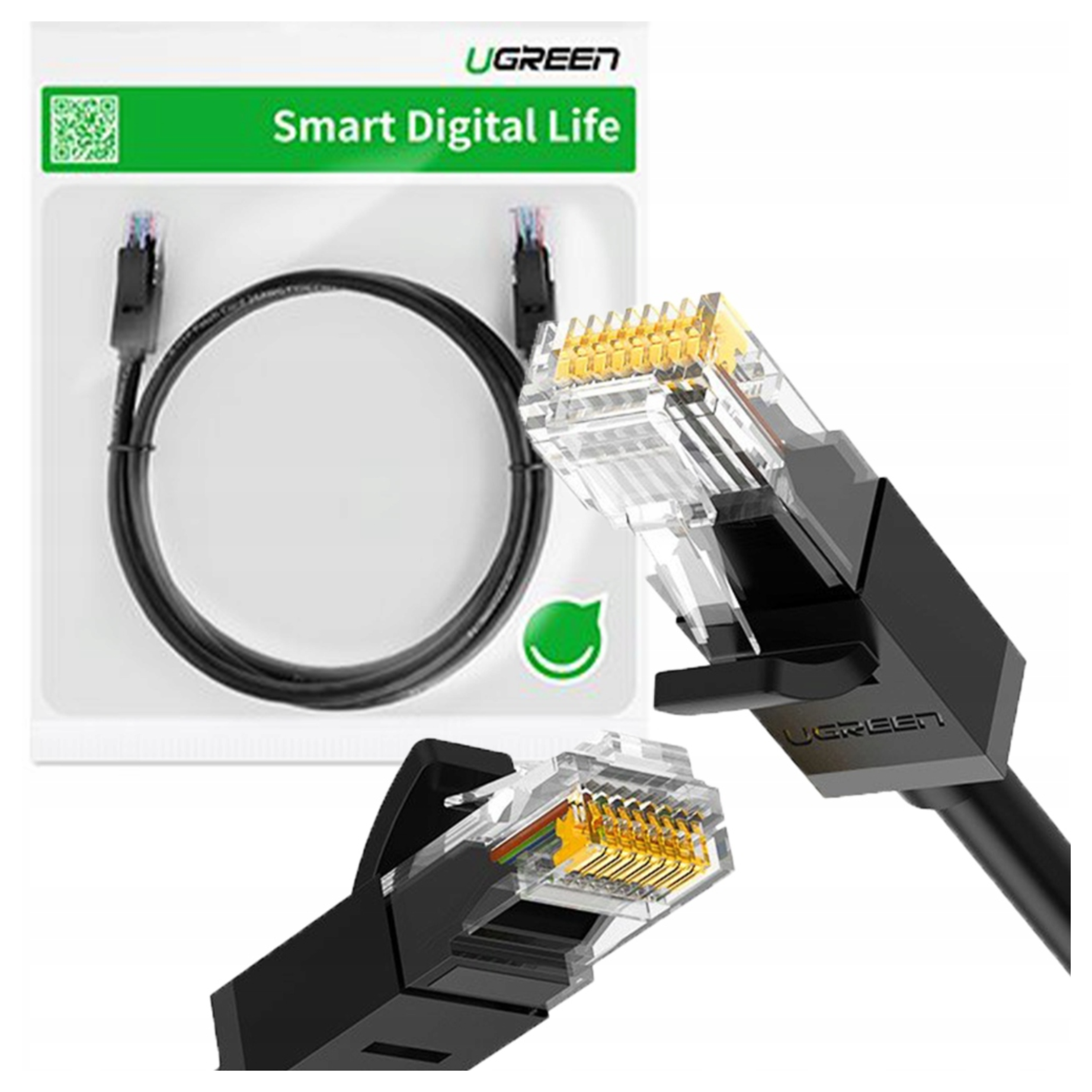 Kabel Ethernet UGREEN. Czarny kabel z przezroczystymi złączami. Opakowanie pokazuje kabel i napis 'Smart Digital Life'.