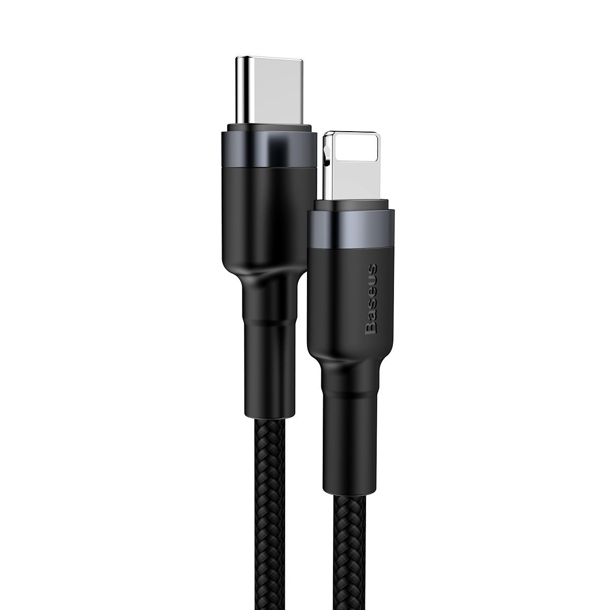 Dwa czarne kable ładujące z różnymi złączami. Jeden to USB-C, drugi Lightning. Widoczna nazwa marki 'Baseus'.