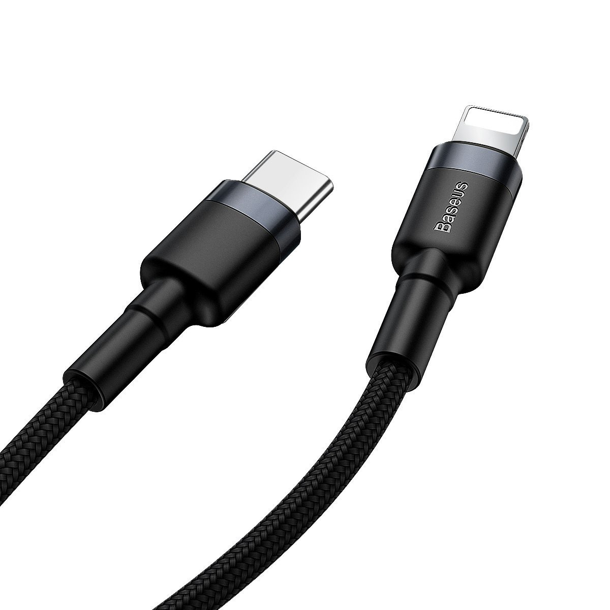 Czarny kabel ładujący Baseus z wtyczkami USB-C i Lightning. Pleciony kabel na białym tle.