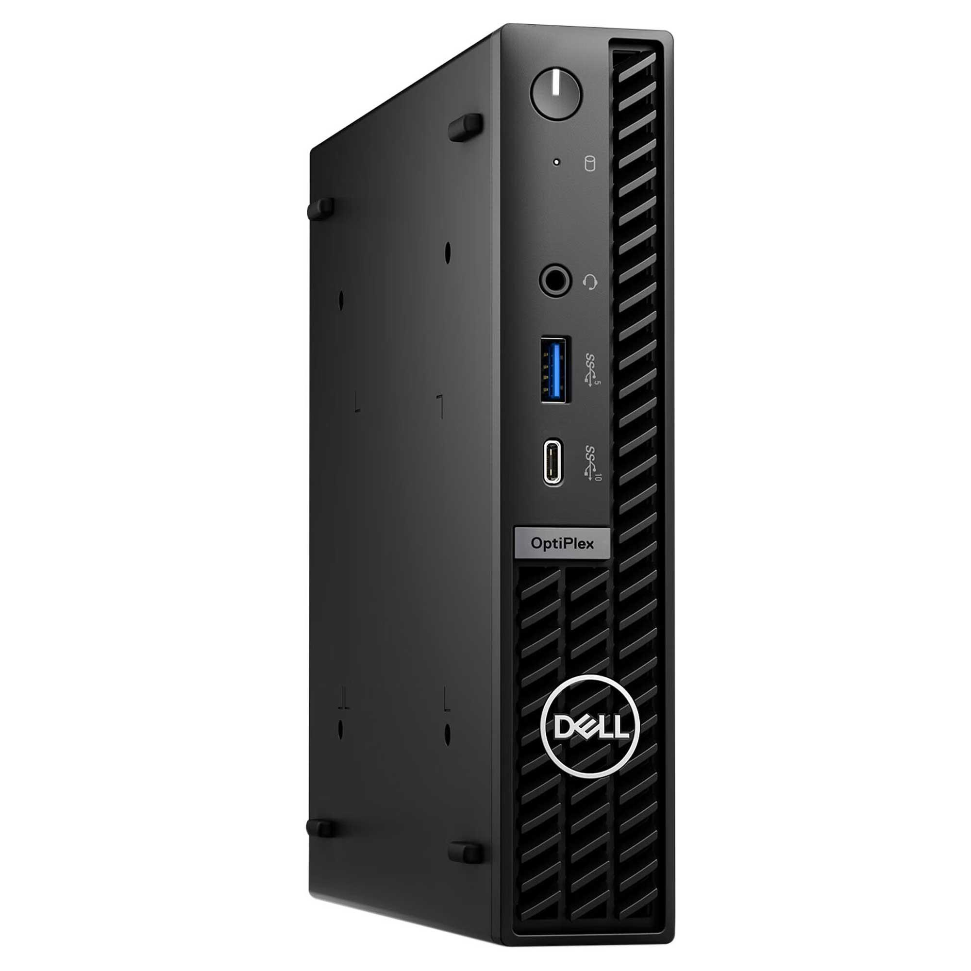 Siyah Dell OptiPlex masaüstü bilgisayar. Önünde güç düğmesi, bağlantı noktaları ve Dell logosu var.