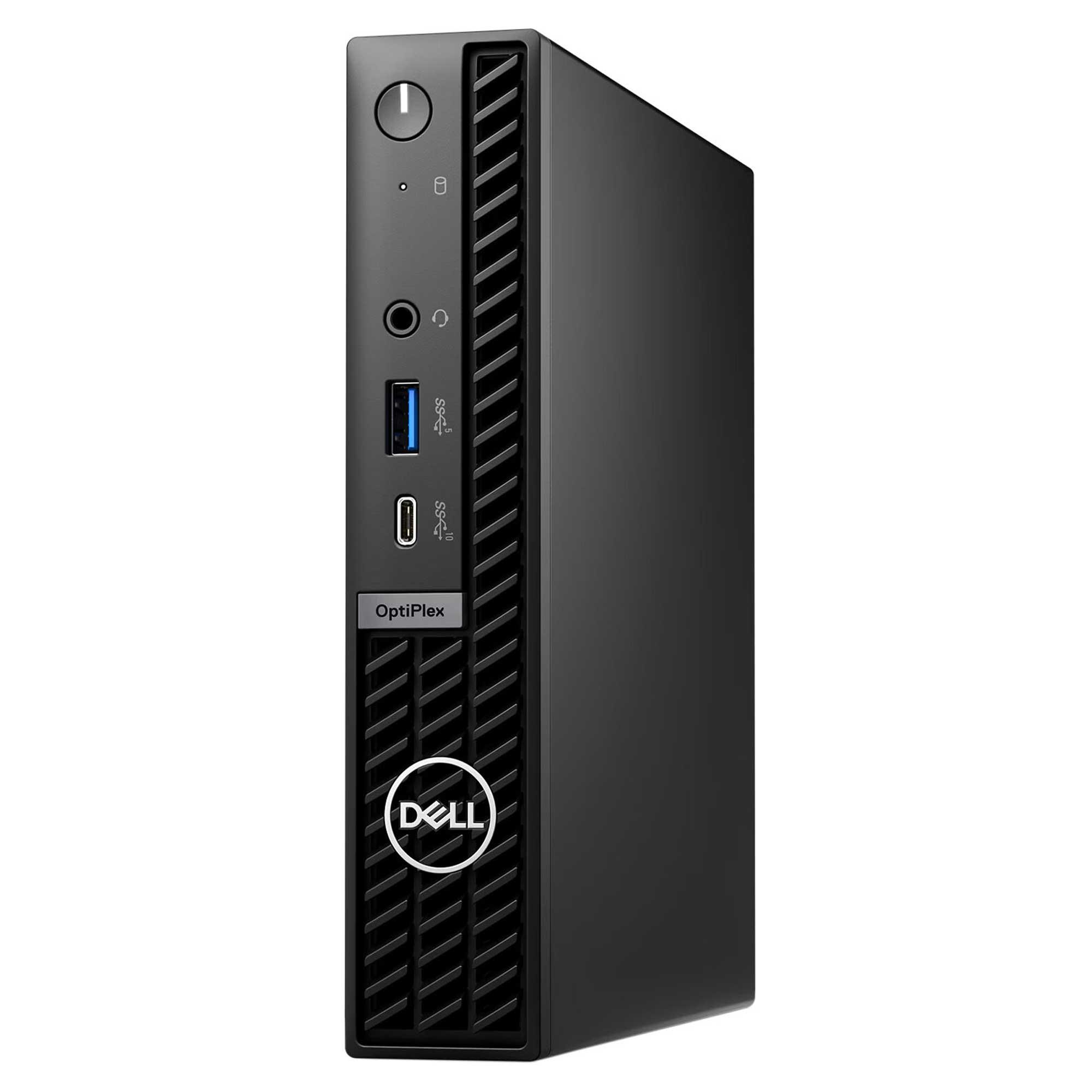 Siyah bir Dell OptiPlex bilgisayar. Ön tarafta güç düğmesi, bağlantı noktaları ve Dell logosu bulunur. İnce, kompakt tasarım.