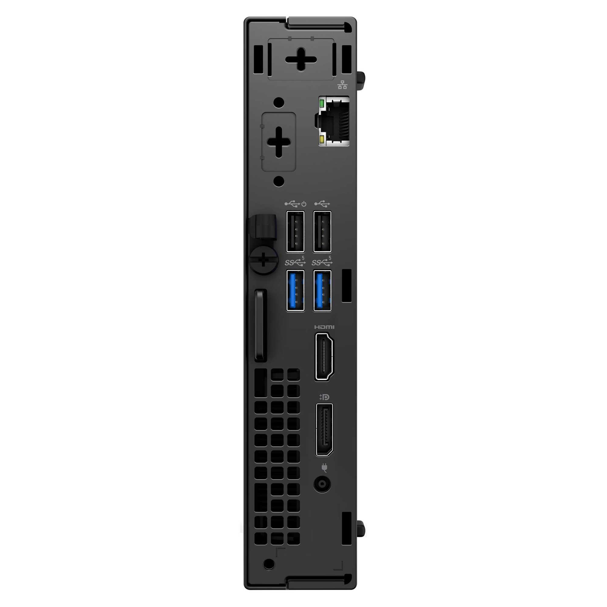 Çeşitli USB, HDMI ve Ethernet bağlantı noktaları, havalandırma delikleri ve güç düğmesi bulunan siyah bilgisayar arka paneli.