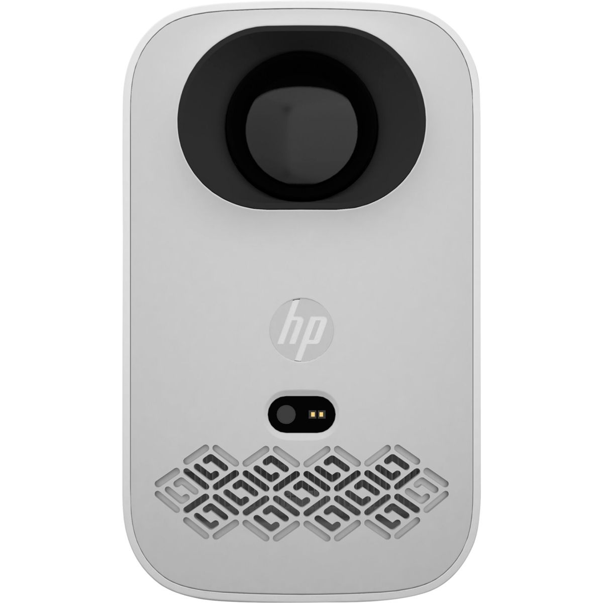 Ein weißer HP-Projektor mit schwarzem Objektiv und Lautsprecher. Er hat das HP-Logo und ein Muster am Boden.