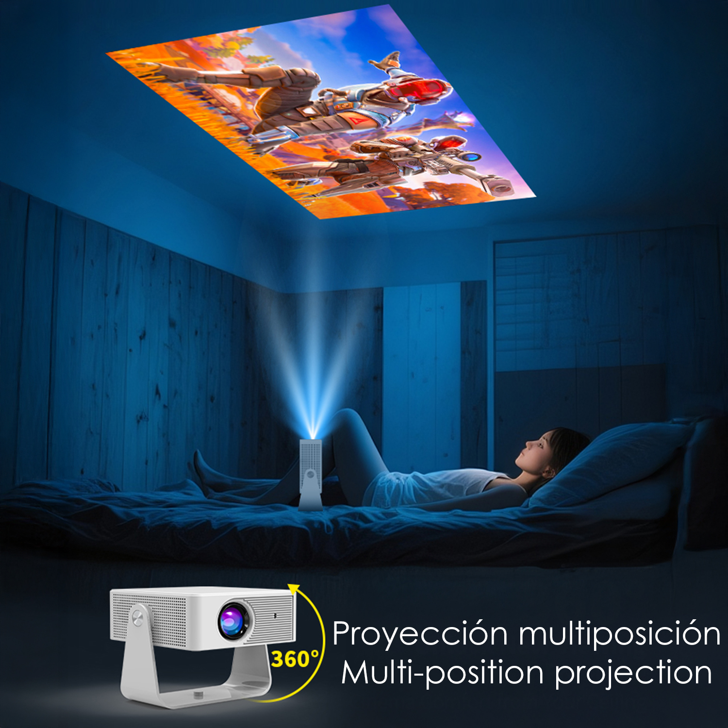 Eine Frau liegt im Bett und sieht sich einen Film an, der an die Decke projiziert wird. Im Vordergrund befindet sich ein Projektor, und der Raum ist schwach beleuchtet.