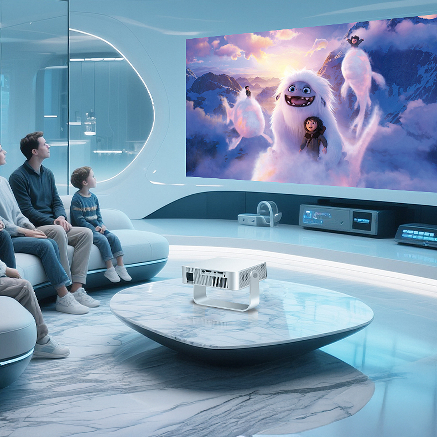 Eine Familie schaut einen Film auf einer großen Leinwand. Ein Projektor steht auf einem Tisch. Der Film zeigt einen Cartoon-Yeti und ein Mädchen.
