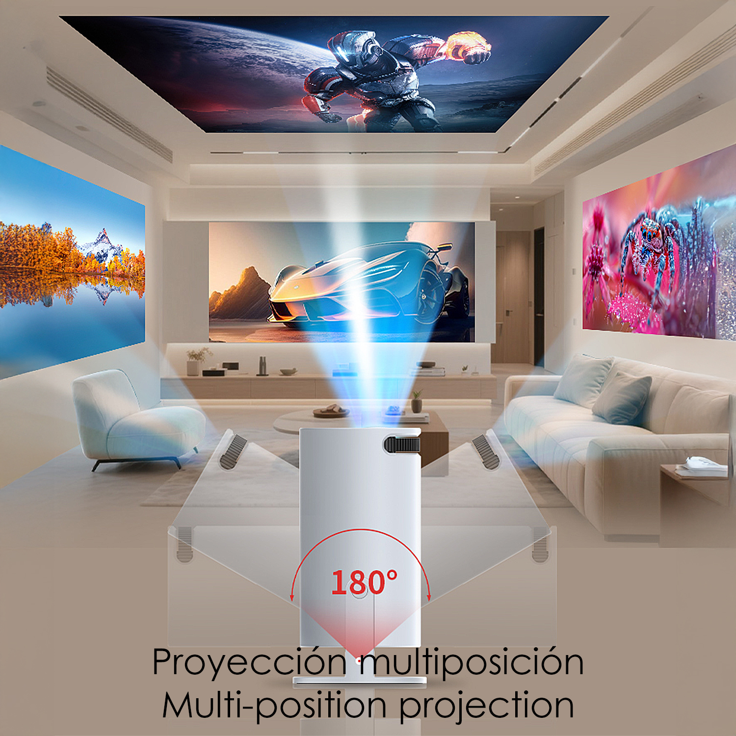 Ein modernes Wohnzimmer mit Projektor. Bilder an Wänden und Decke. Sofa und Stuhl vorhanden. Text: Multi-Positions-Projektion.