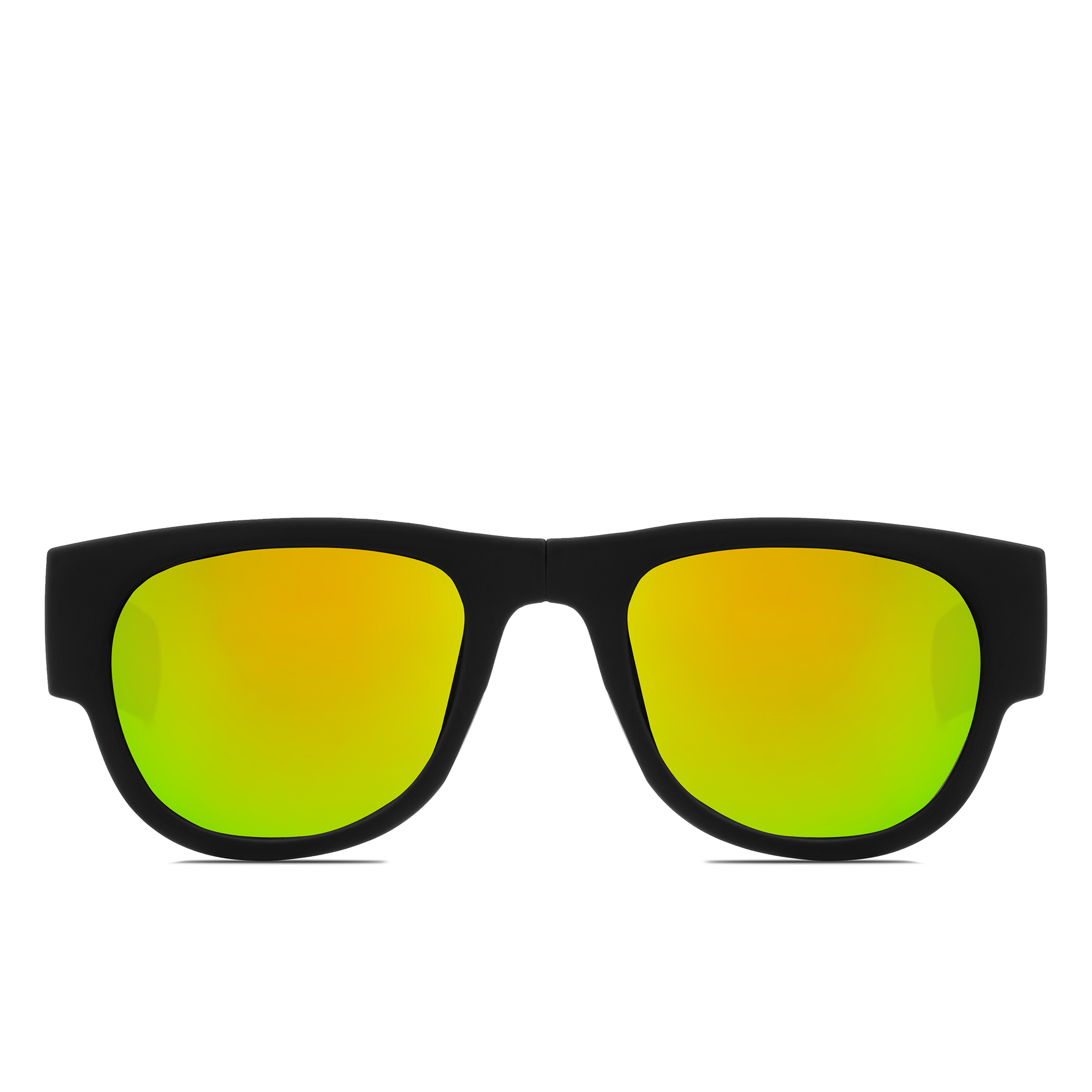 Gafas de sol negras con lentes reflectantes que muestran tonos naranja y verde, sobre un fondo blanco.