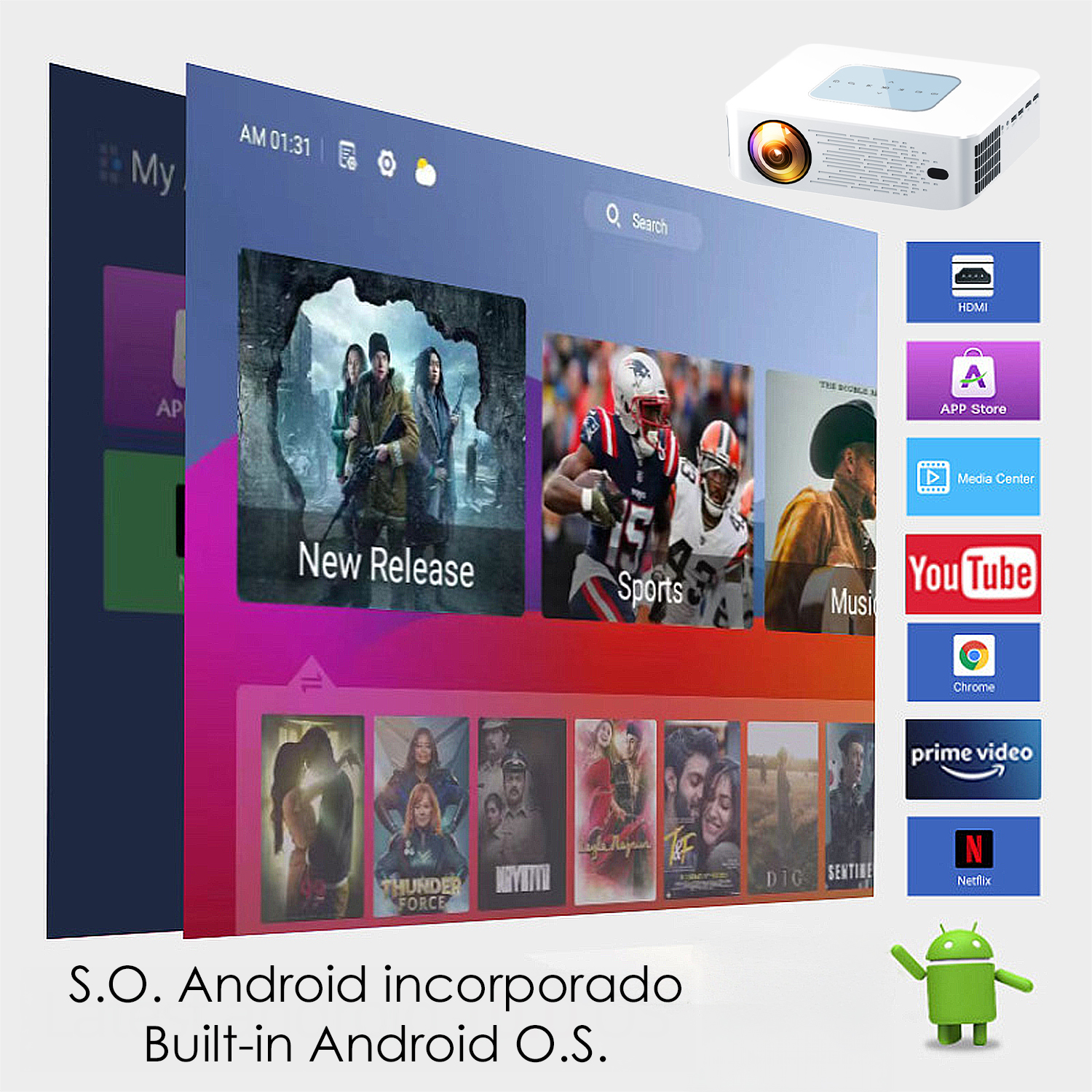 Ein Projektor zeigt eine Android-Oberfläche mit App-Symbolen. Filmplakate sind sichtbar. Ein grüner Android-Roboter ist rechts unten.