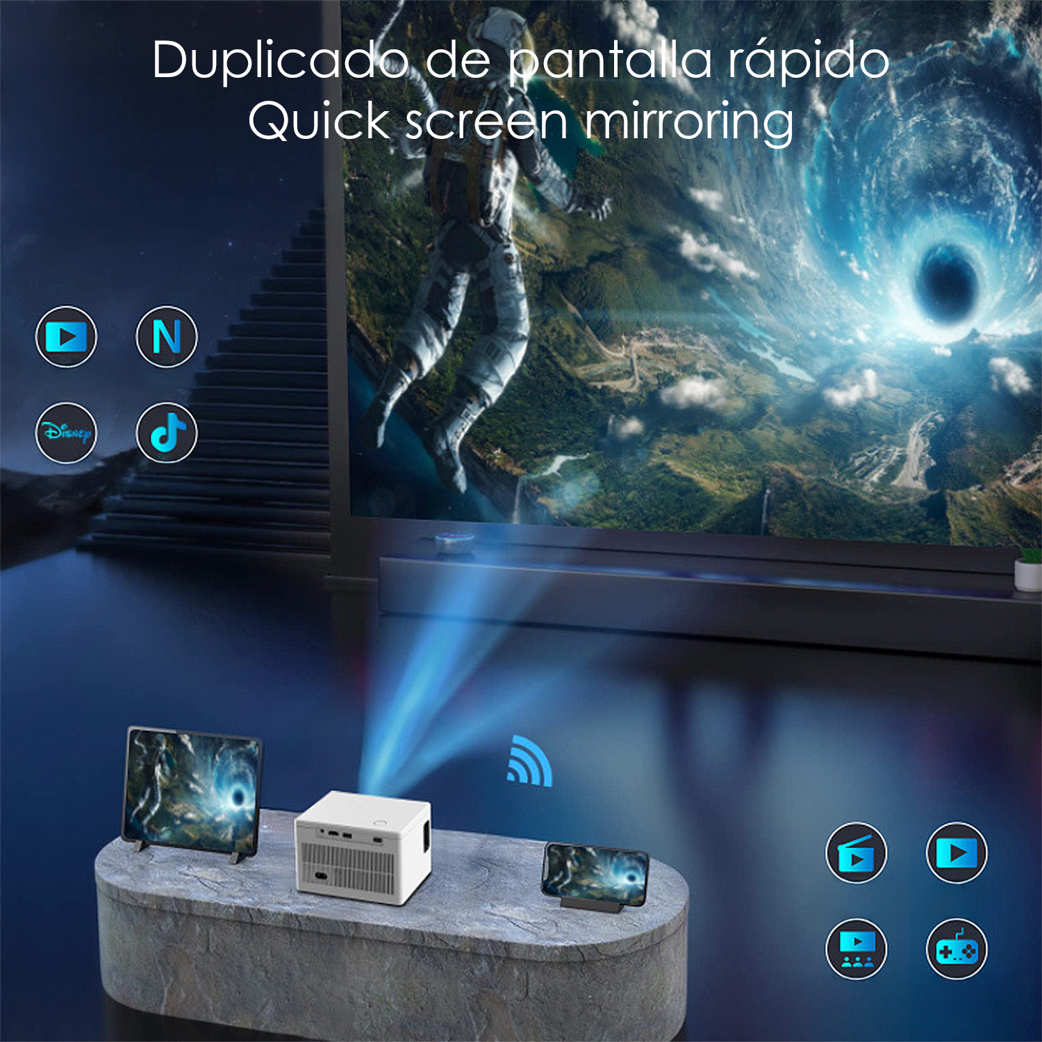 Ein Projektor streamt eine Weltraumszene auf eine Wand und spiegelt Inhalte von mehreren Geräten wider. Symbole und ein Wi-Fi-Symbol sind vorhanden.