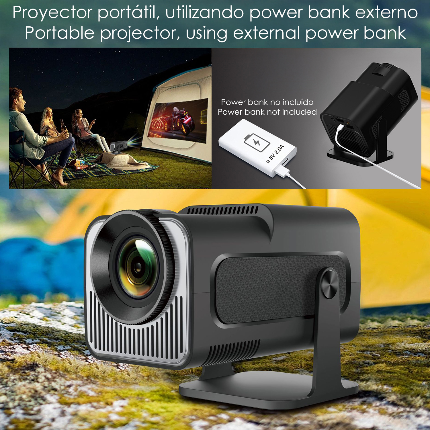 Ein tragbarer Projektor wird mit campenden Personen gezeigt. Der Projektor ist an eine Powerbank angeschlossen. Text: 'Powerbank nicht enthalten'.