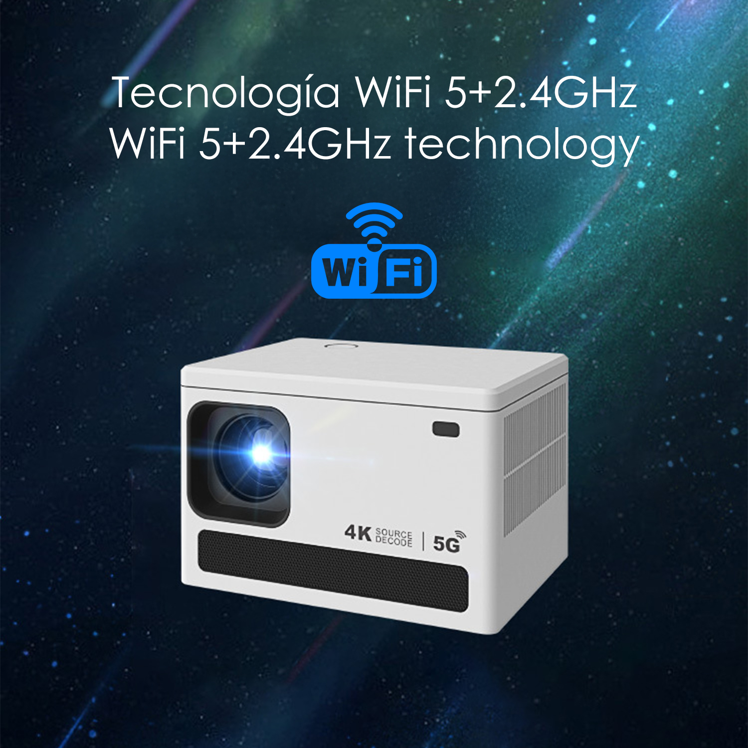 Weißer Projektor mit blauem Licht, WLAN-Logo und Text 'WiFi 5+2.4GHz technology' auf dunkelblauem Hintergrund.