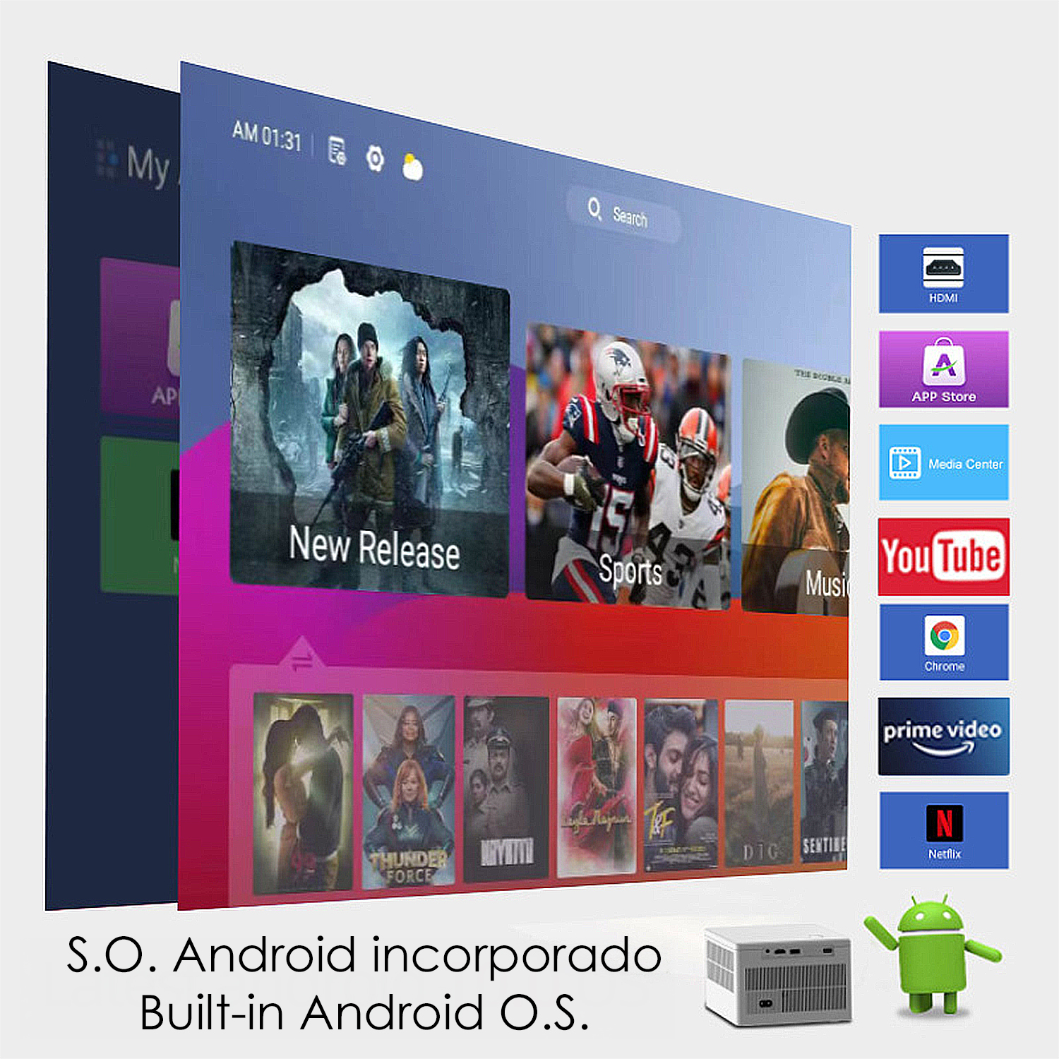 Ein Fernsehbildschirm zeigt Apps wie Netflix und YouTube. Unten befinden sich ein Projektor und ein Android-Maskottchen.