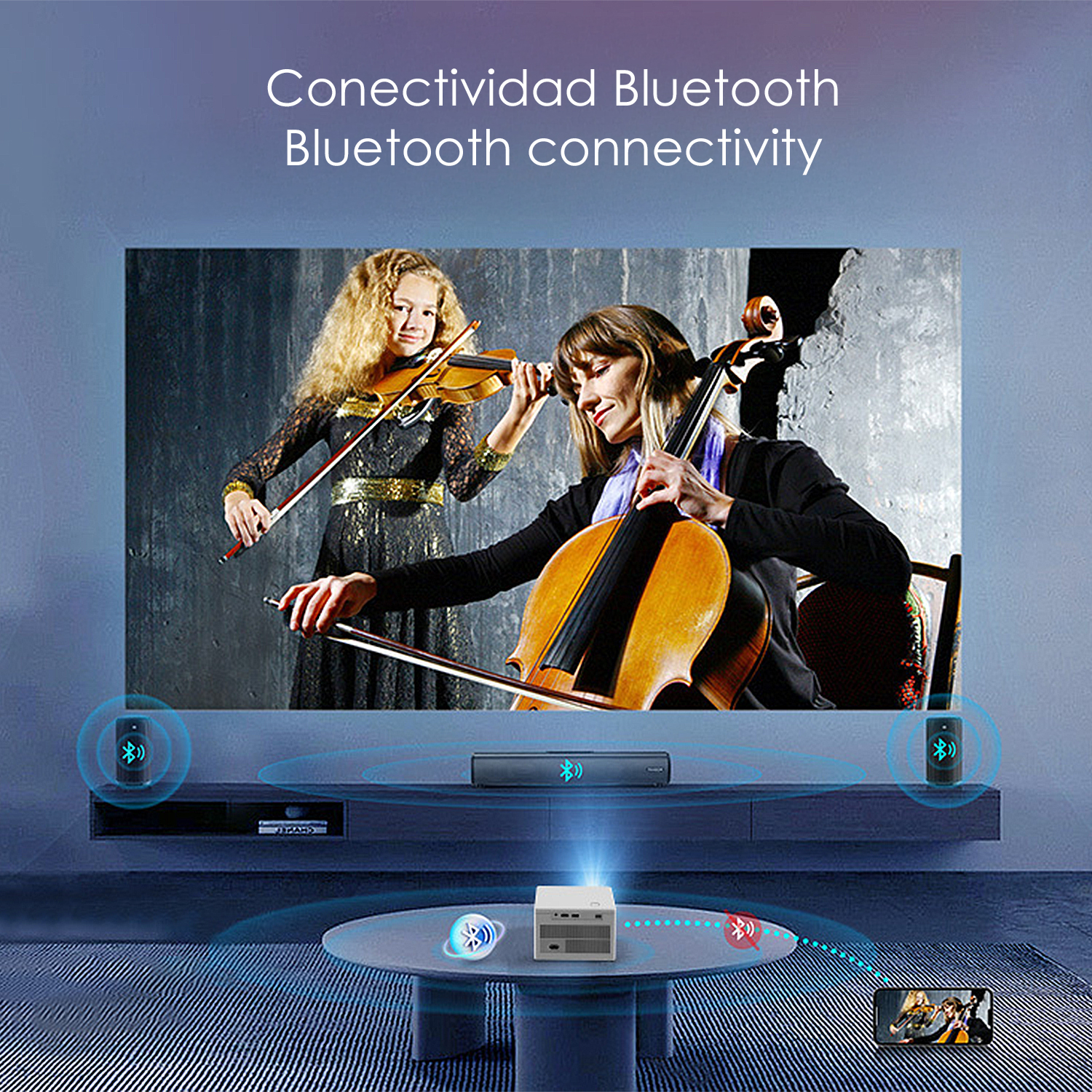 Das Bild zeigt zwei Frauen, die Geige und Cello auf einem Bildschirm spielen. Bluetooth-Verbindung zwischen Geräten wird angezeigt.