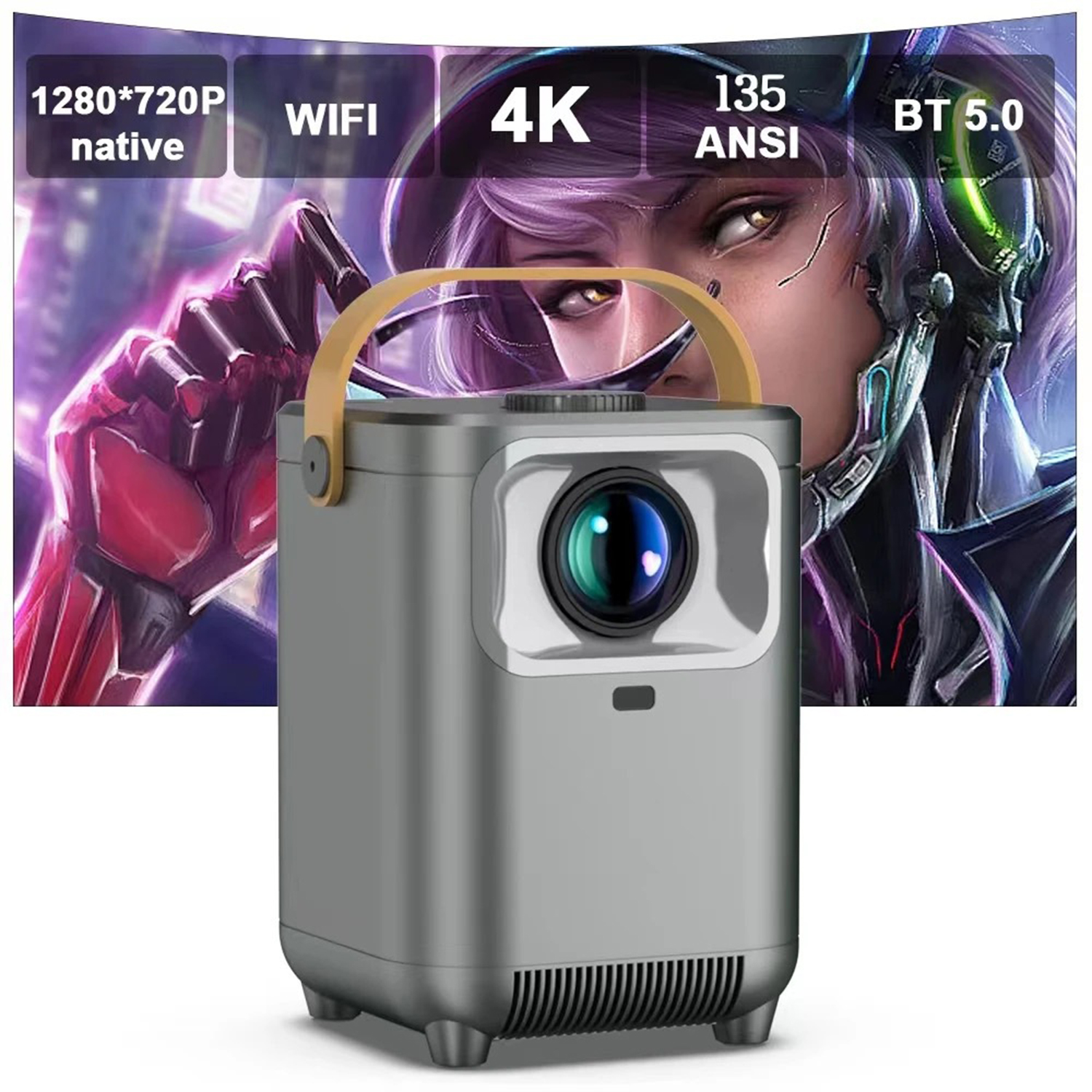 Ein grauer Projektor mit gelbem Griff vor digitalem Kunsthintergrund mit Text: 4K, WIFI und BT 5.0.